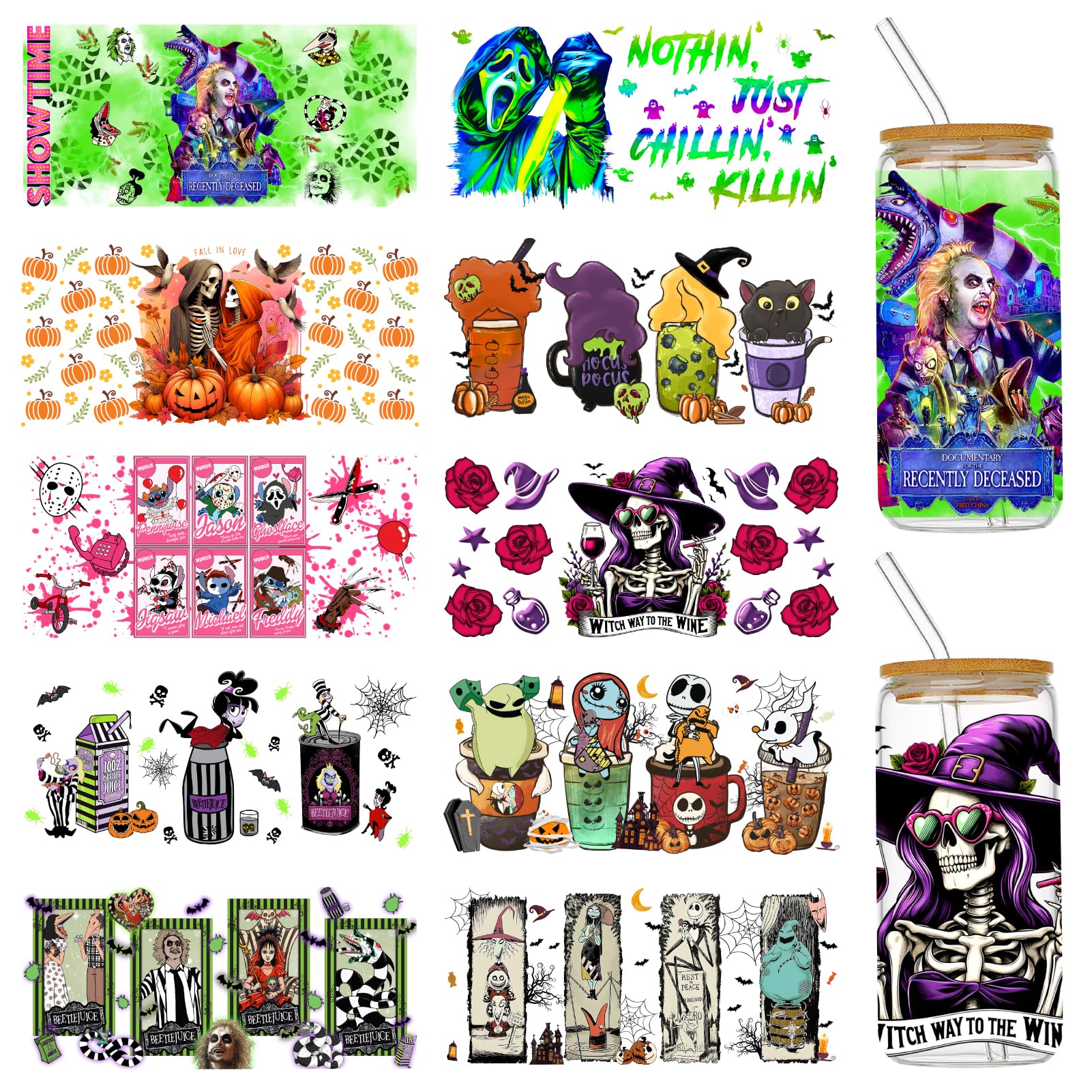 Halloween UV DTF Cup Wraps for 16 oz Glass Cups, 10 Sheets Rub on Transfers for Crafts, Uvdtf Decals Stickers for Tumblers, Libbey Cups, Furniture,