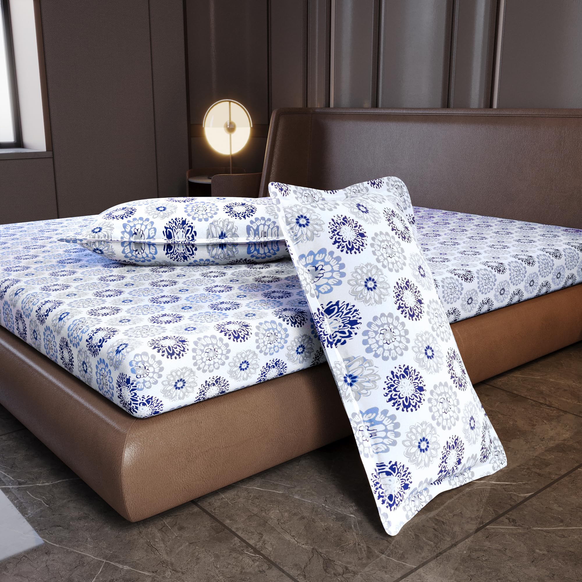Divine Casa 144 TC Cotton King Size Bedsheet with 2 Pillow Covers | Soft Breathable Wrinkle Free Bedsheet for King Size Bed | Printed Bed Sheet Set for Bedroom | 270 x 270 cm (Blue Beige, Floral)
