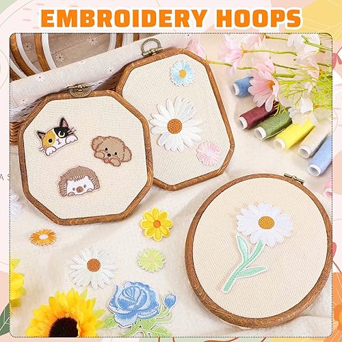 Miniatura 5 de Qunclay 9 piezas de marco de aro de bordado grande decorativo de madera imitada, marco de exhibición circular ovalado octogonal punto de cruz anillo