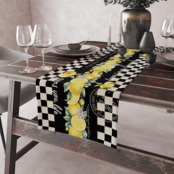Lemon Table Runner,Italian Vintage Style Black and White Checkered Table Decor with Yellow Lemons and Blossoms Rustic Kitchen Dining Tabletop Decoration 13x60 Inch