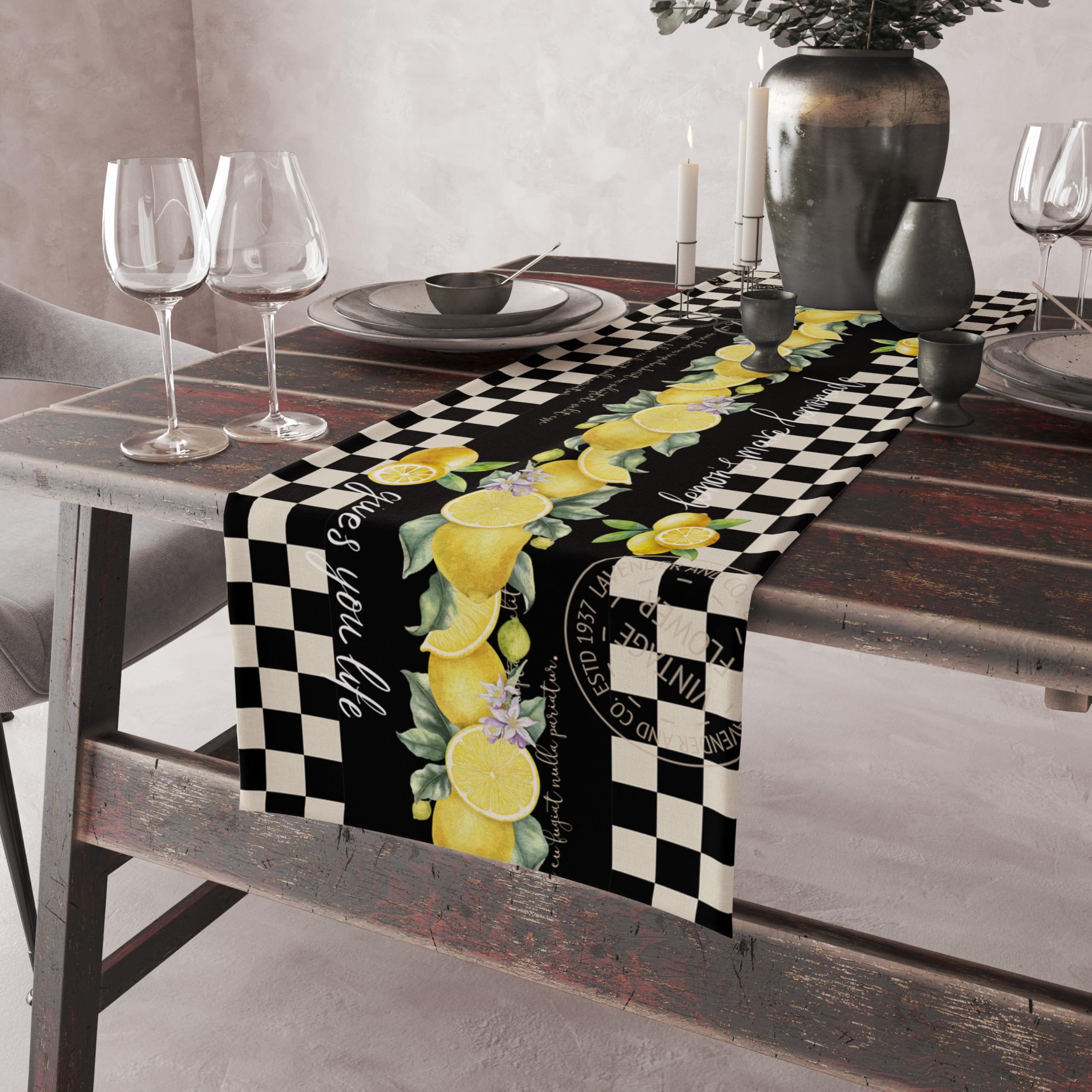 Lemon Table Runner,Italian Vintage Style Black and White Checkered Table Decor with Yellow Lemons and Blossoms – Rustic Kitchen Dining Tabletop Decoration 13x60 Inch