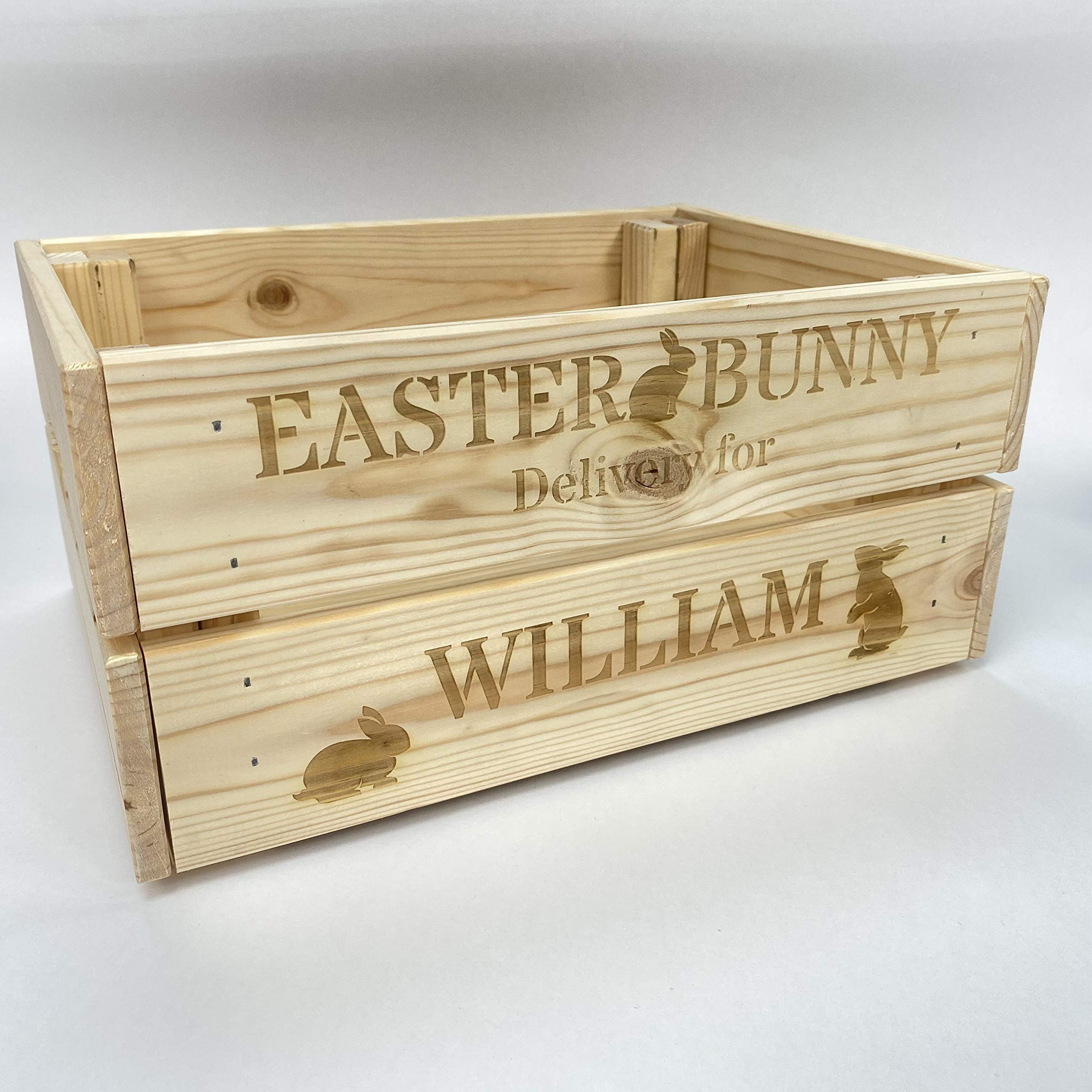 Boys Design 4 Print Maniacs Print Maniacs Personalised Easter Egg Box Solid Wooden Engraved Bunny Hamper Basket Storage Box Crate Gift Kid Girl (, Assembled)