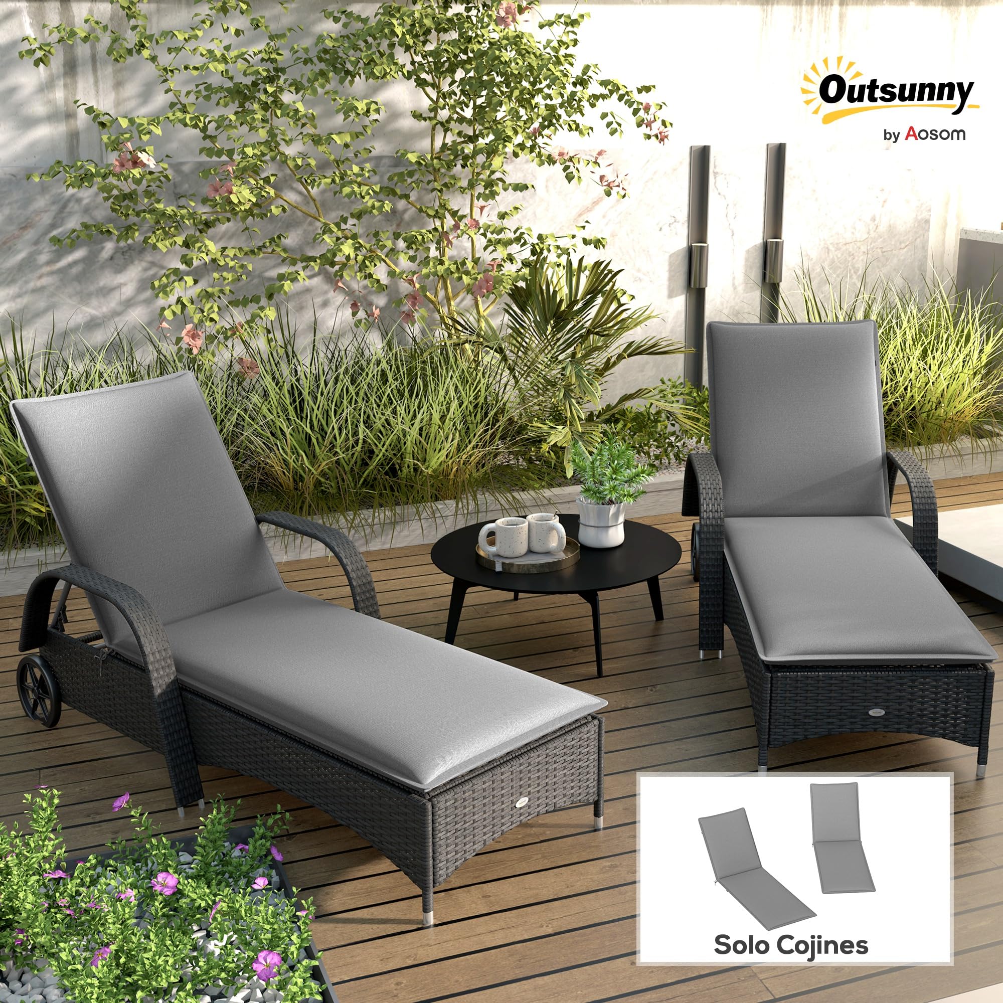 Outsunny Pack 2 Cojines para Tumbonas Plegables Colchonetas para Tumbonas de Jardín Exterior 193x58x6 cm con Correas de Sujeción Protección UV Resistente a Salpicaduras Gris