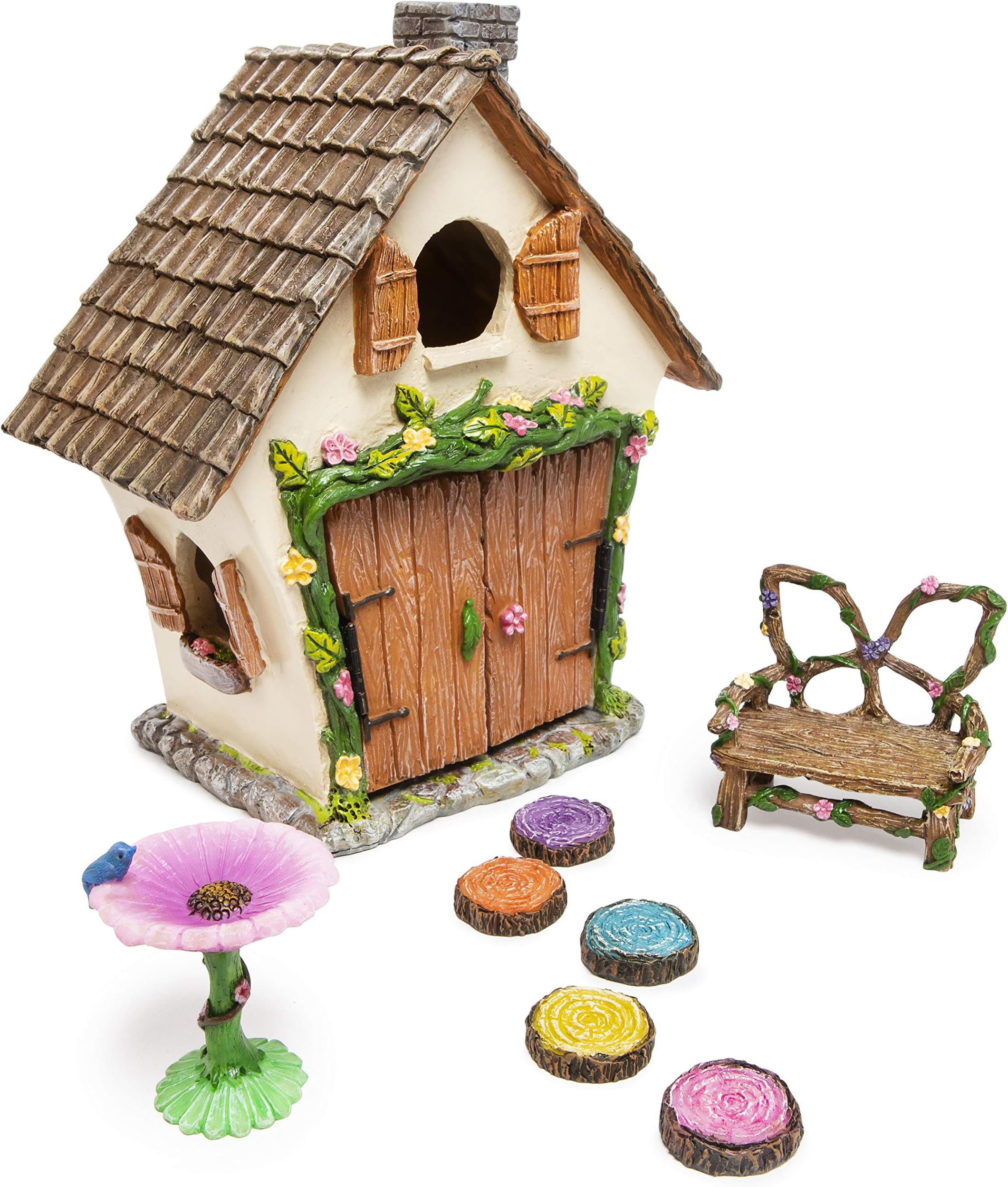 Fairy Garden House Kit - Complete with Fairy Garden Accessories, Butterly Seat, Bird Bath, Stepping Stones, Magnetic Door Closure for Indoor/Outdoor Fairy House
