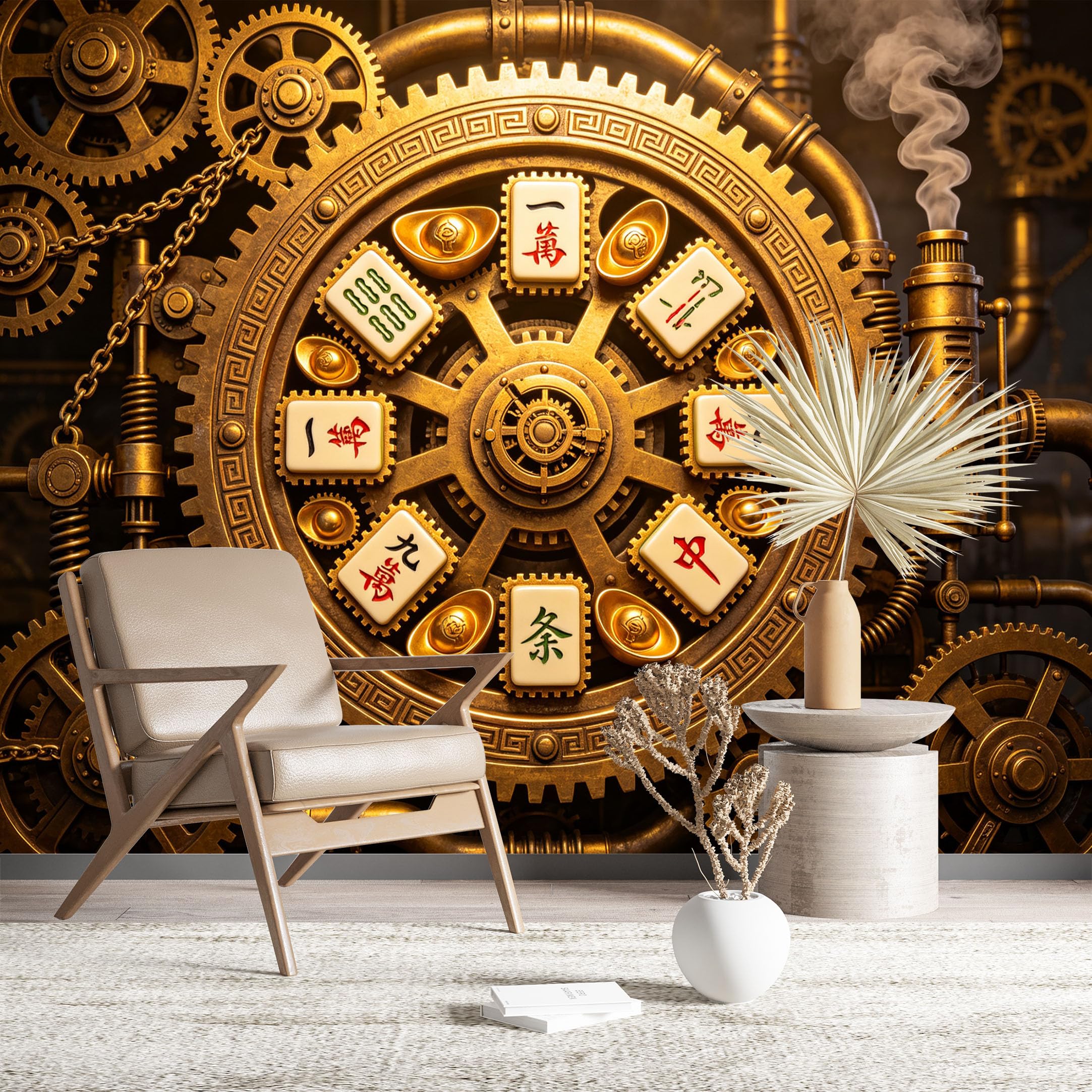 Custom Size Wall Murals Steampunk Mahjong Wheel Wall Stickers Self-Adhesive Wall Fabric (NO PVC) Removable Wallpaper for Living Room Home Decor