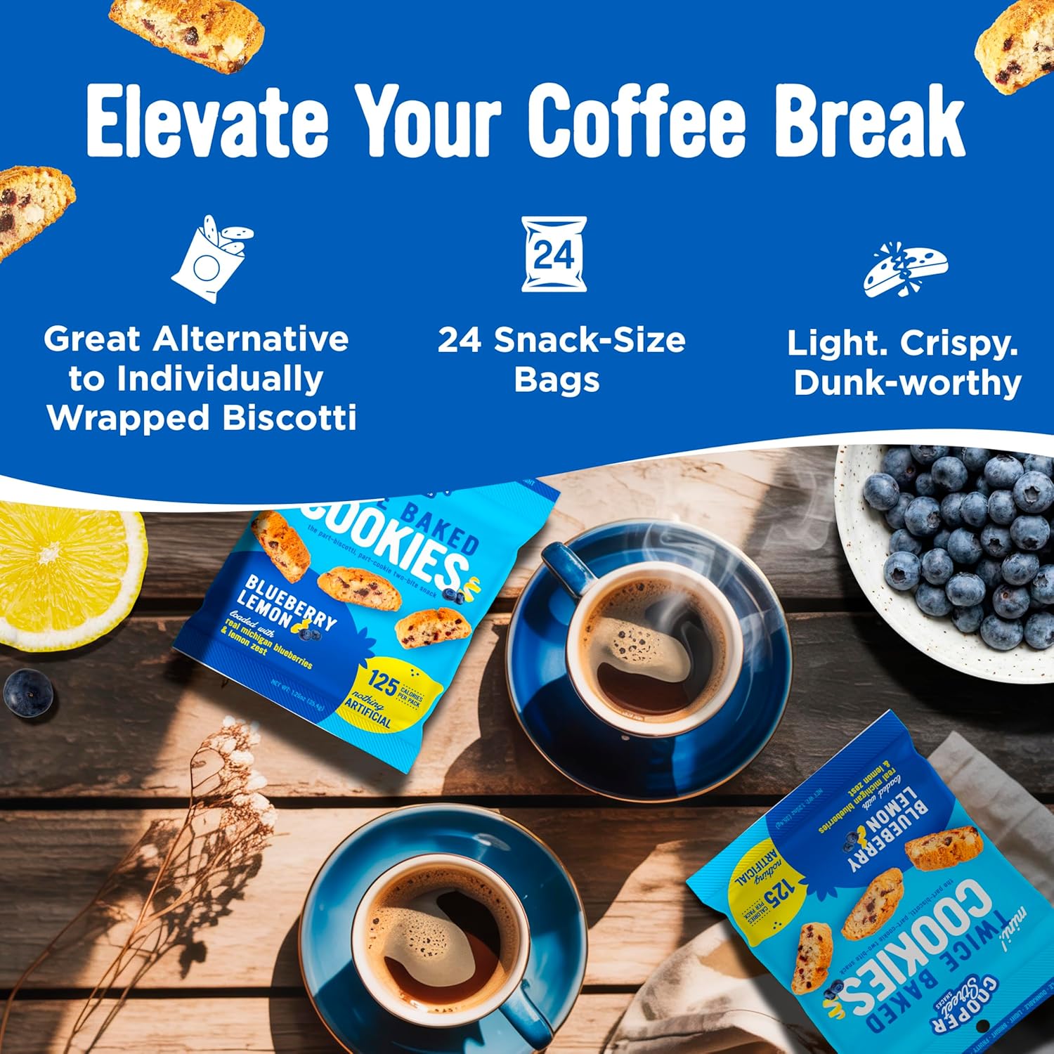 Cooper Street Italian Biscotti Cookies - Twice Baked Biscotti Style Cookie Biscuits in Delicious Blueberry Lemon Flavor | Crispy, Light and Healthy Cookies | Peanut & Dairy Free | 1.25 oz - 24 Pack