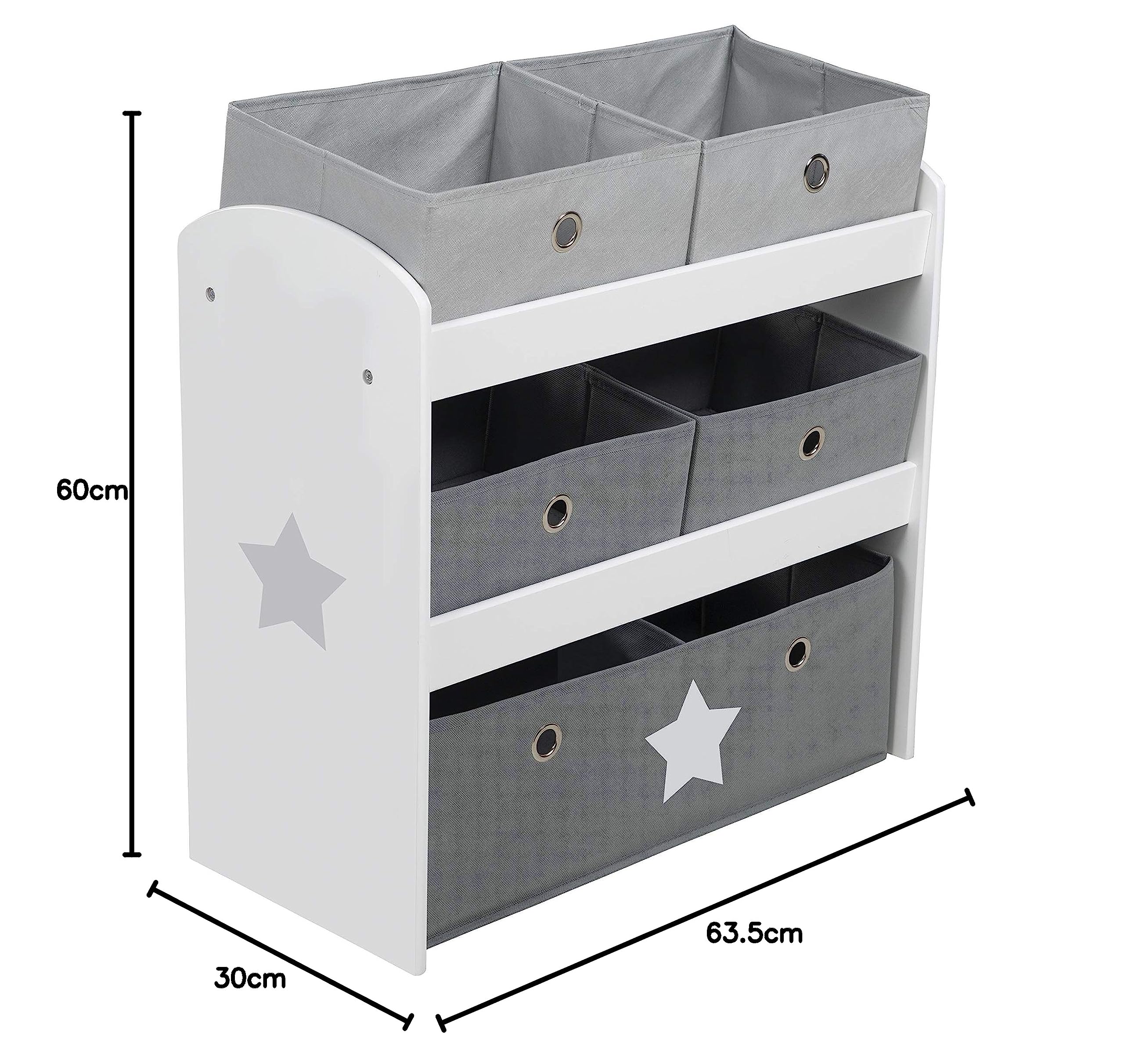 roba Scaffalatura Portaoggetti Stars 5 Scatole Tessuto Grigio 64x30x60 cm Legno Laccato Bianco