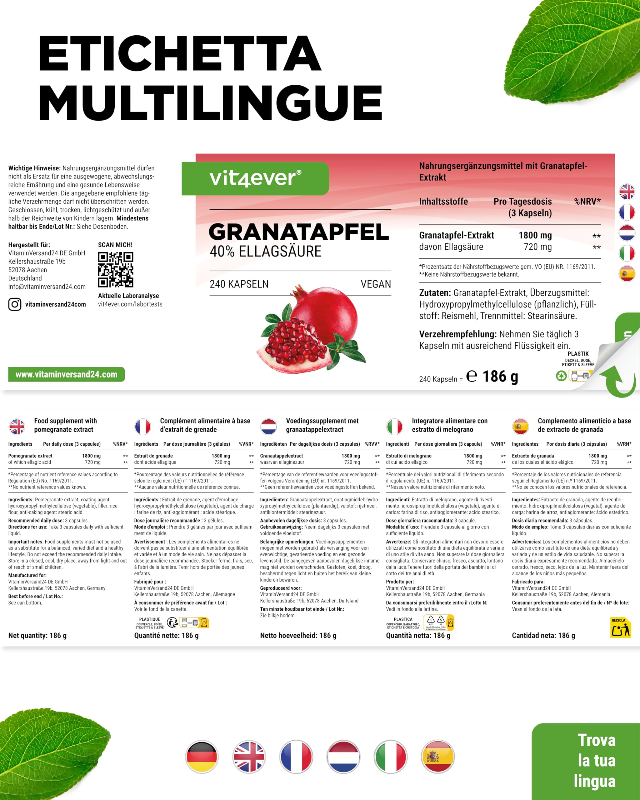 Estratto di melograno - 240 capsule vegane - Estratto naturale di qualità superiore con il 40% di acido ellagico - Dose elevata - Vegan
