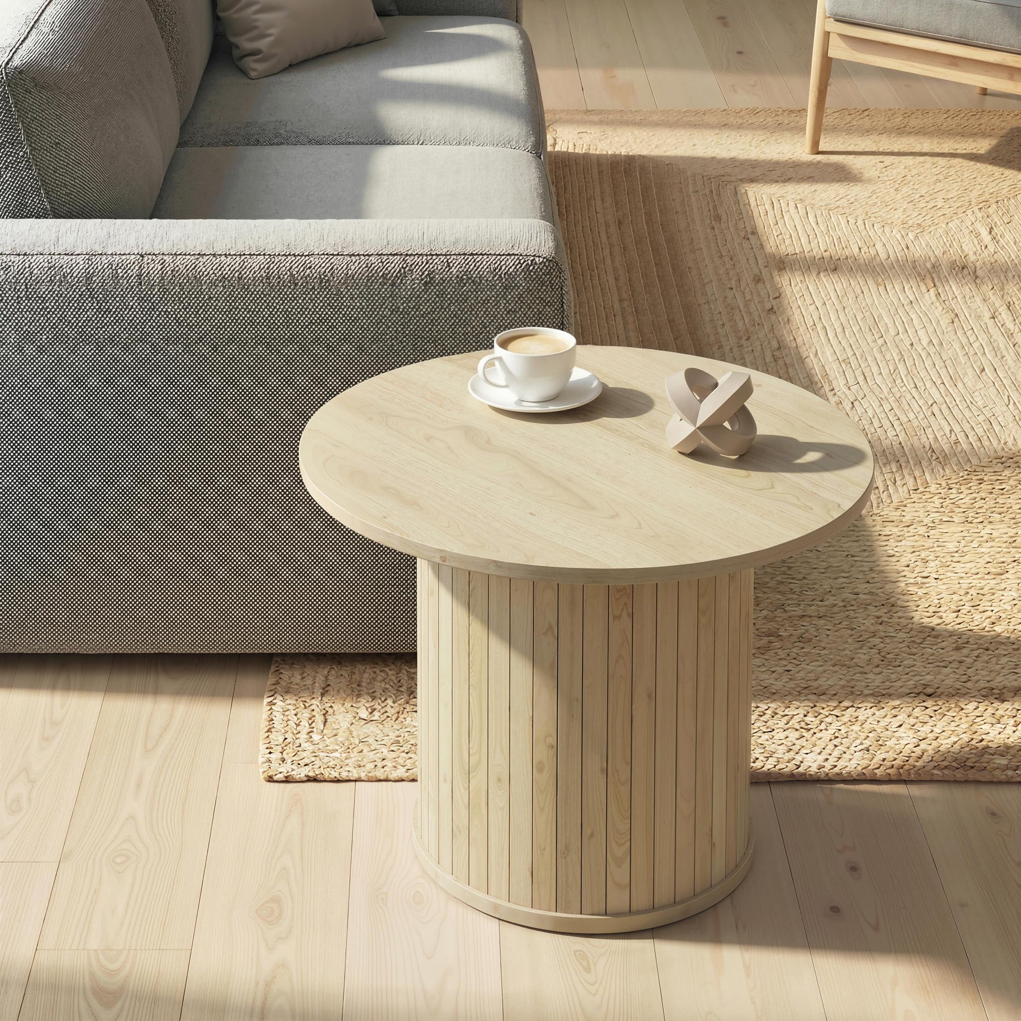 HOMCOM Mesa de Centro, Mesa Baja para Salón Redonda con Base de Columna con Listones, para Sala de Estar, Dormitorio, Ø60x40 cm, Natural