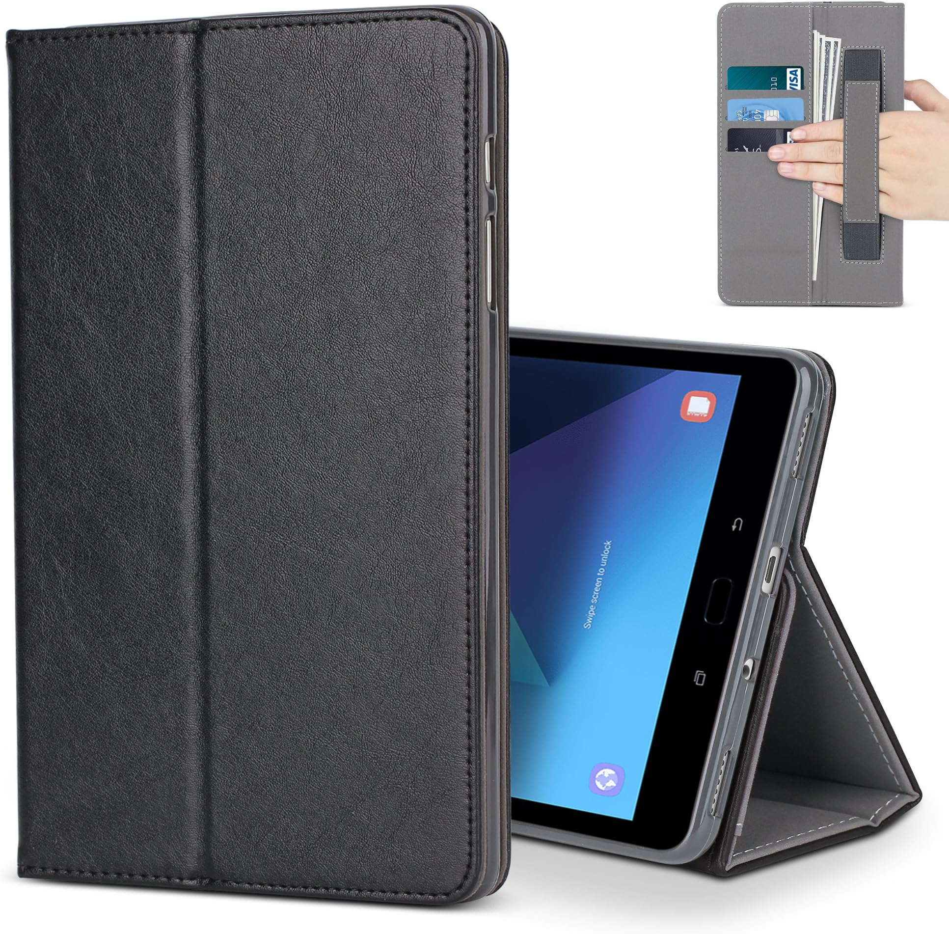B BELK Samsung Galaxy Tab S3 9.7 Case, Premium Leather Multiple Viewing Stand Cover with Hand Strap, Auto Wake/Sleep Smart Folio Flip Card Holder for Samsung Galaxy Tab S3 SM-T820 T825 (Black)