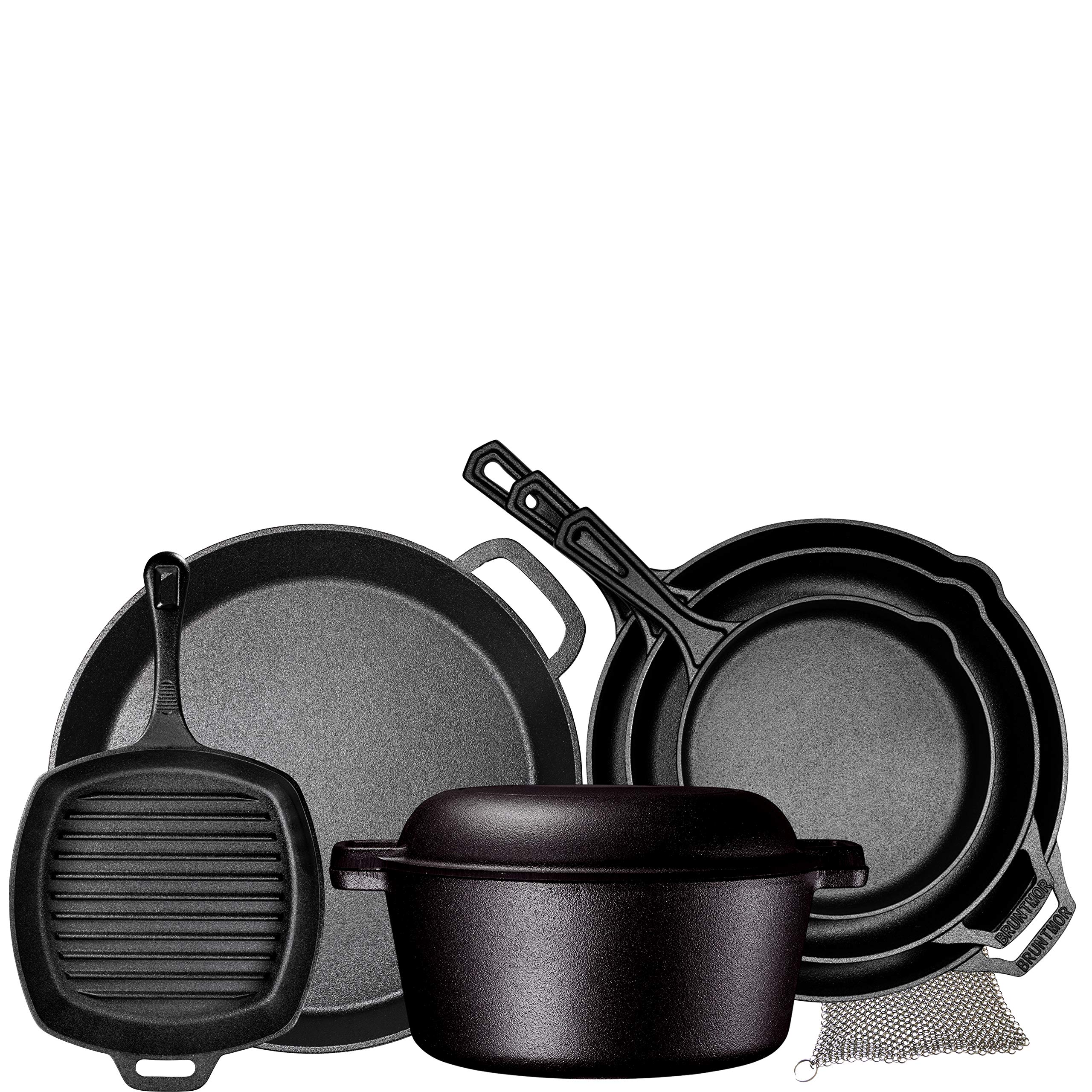 Pre Seasoned Cast Iron 8 Piece Bundle Camping Gift Set, Double Dutch, 16 inch Pizza Pan, 3 Skillets & Square Grill Pan, Ca...