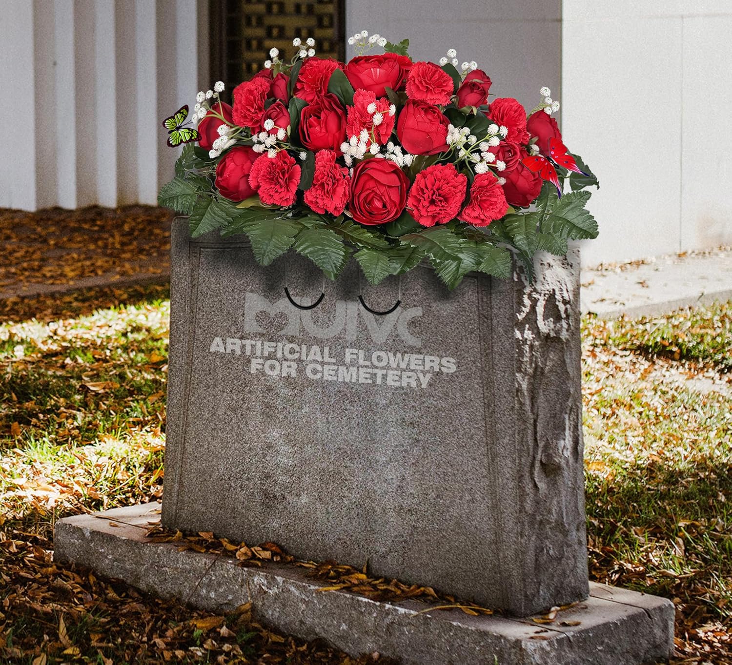 MUVIC Artificial Cemetery Flowers Saddle for Grave Decorations,Headstone Flower Saddle-Red Rose Camellia Carnation Baby's Breath-Memorial Flowers Bouquet for Graveyard Gravesite, Butterfly Included