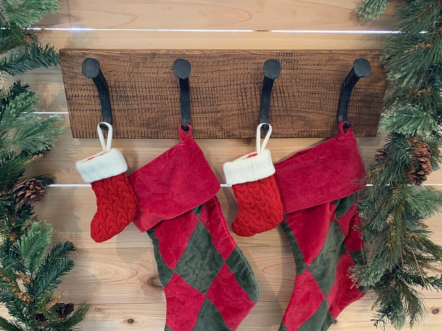 Rustic Farmhouse Christmas Stocking Holder for Wall Hanging - Holds 8+ Stockings, Reclaimed Wood, No Mantle Needed In Rustic Oak