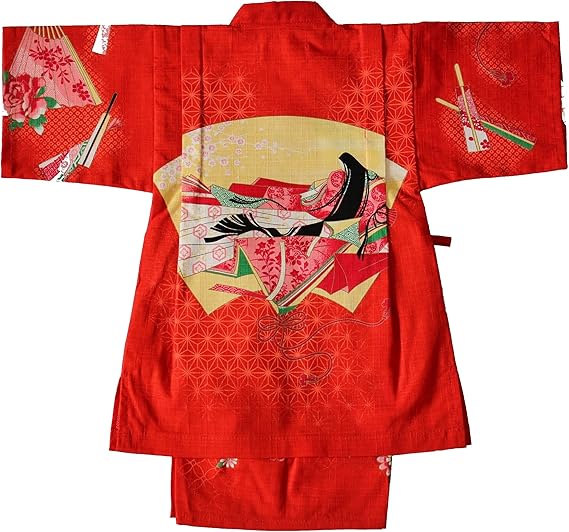 Amazon 子供甚平 女の子 女児 キッズ じんべい 源氏物語 平安絵巻柄 赤 朱色 日本製 変わり地 綿100 サイズ９０ １００ １１０cm 夏祭り 花火 夏のルームウェアー 着物 浴衣 通販