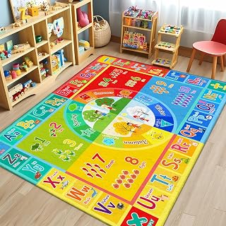 3x5 Small Kids Classroom & Playroom Rug - ABC Alphabet Educational Area Rug with Animals Numbers & Colors - Washable Non-Slip Carpet Playmat for Nursery Preschool & Reading Area