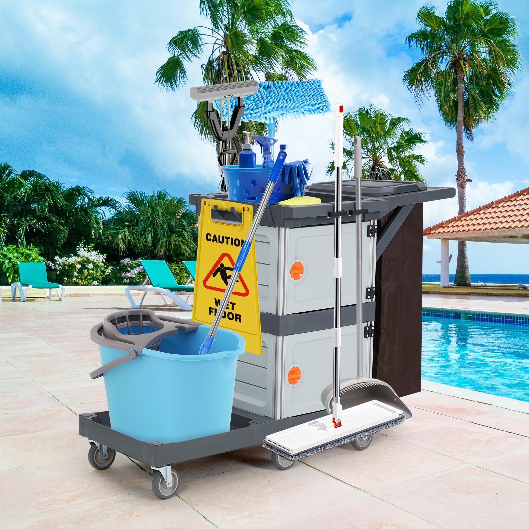 Rolling Cleaning Cart for Housekeeping, Commercial Janitorial Cart On Wheels with 2 Cabinets, Oxford Bag, Open Shelves, Plastic Housekeeping Cart Service Cart for Business Office