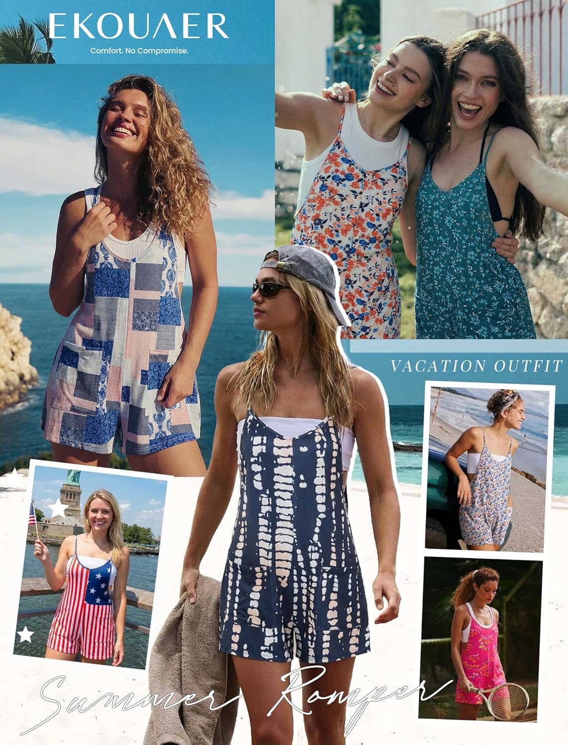 Ekouaer Rompers for Women Summer Casual Sleeveless Short Overalls Boho Spaghetti Strap Shorts Jumpsuit with Pockets - Image 6