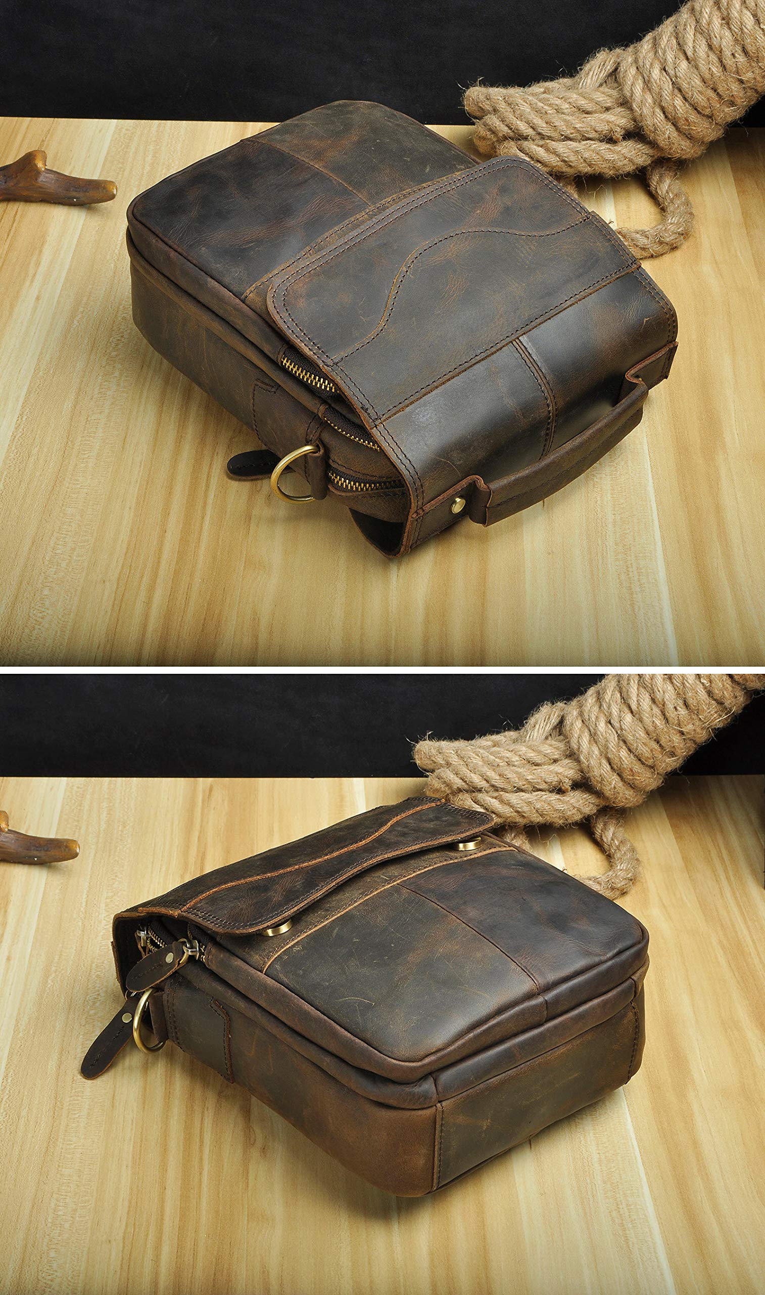 Le'aokuu Hombres Crazy Horse Piel Marrón Satchel Vintage Bolso cruzado Bolso bandolera Bolsa de mensajero 144 (144 A marrón)