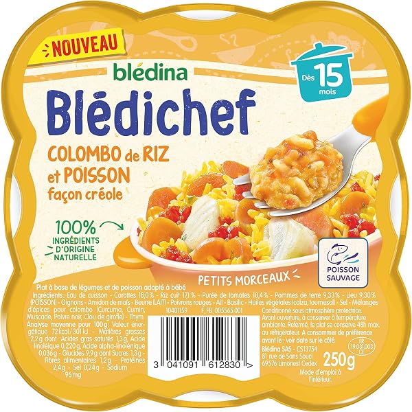 Blédina - Blédichef - Baby meal 15 months - Baby Colombo rice dish - Creole style fish - Small pieces - 100% natural ingredients - From 15 months - 1 plate of 250g - 4