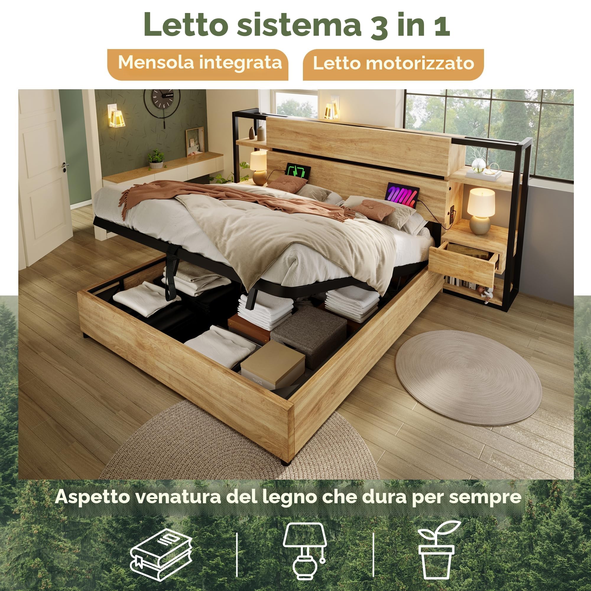 Letto matrimoniale 160x200 con cassetti e porta di ricarica USB e Type-C, Letto in legno con contenitore idraulico，Struttura letto matrimoniale Legno Rovere (Senza Materasso)