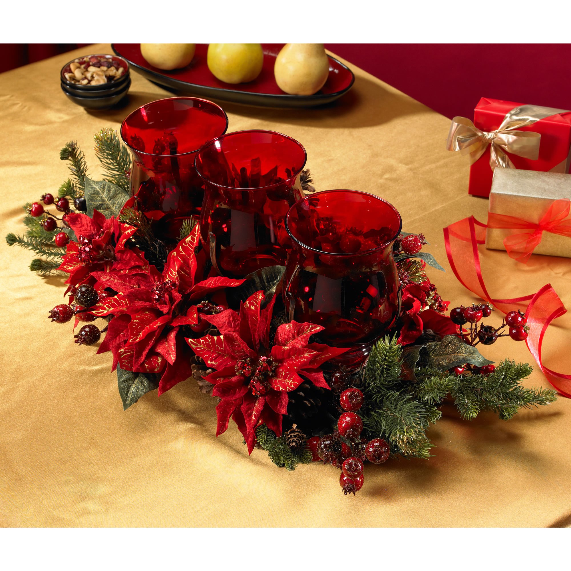 NearlyNatural 4914 Mini Poinsettia & Berry Triple Candelabrum