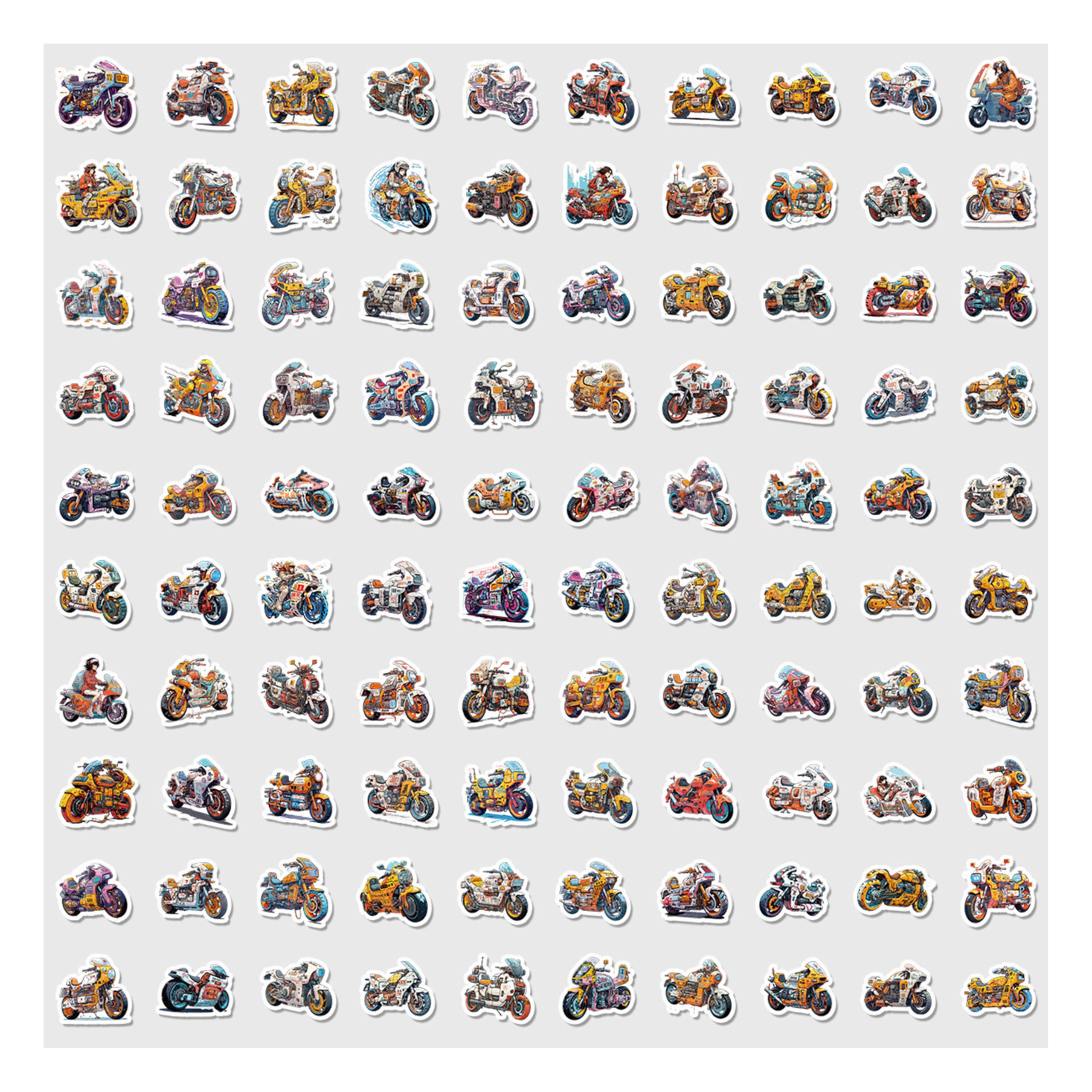 AE202-7 100-Pack Cyberpunk Motorbike Stickers,Vinyl Non-Repeating Styles of Motorbikes Decals,8cm/3.1"