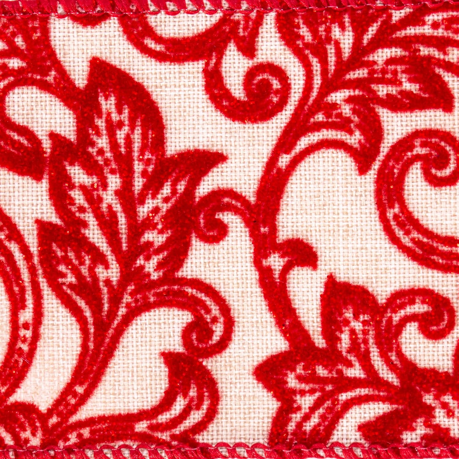 Vickerman 2.5" x 10 yd Cream and Red Filigree Ribbon, Seasonal Christmas Ribbon for Gift Wrapping, Tree Decor