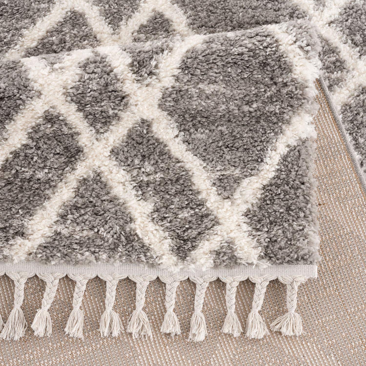 carpet city Tapis Shaggy à Poils Longs Gris/Blanc Super Doux au Style Ethnique pour Salon et Chambre à Coucher Dimensions 200/290 cm x 200 cm