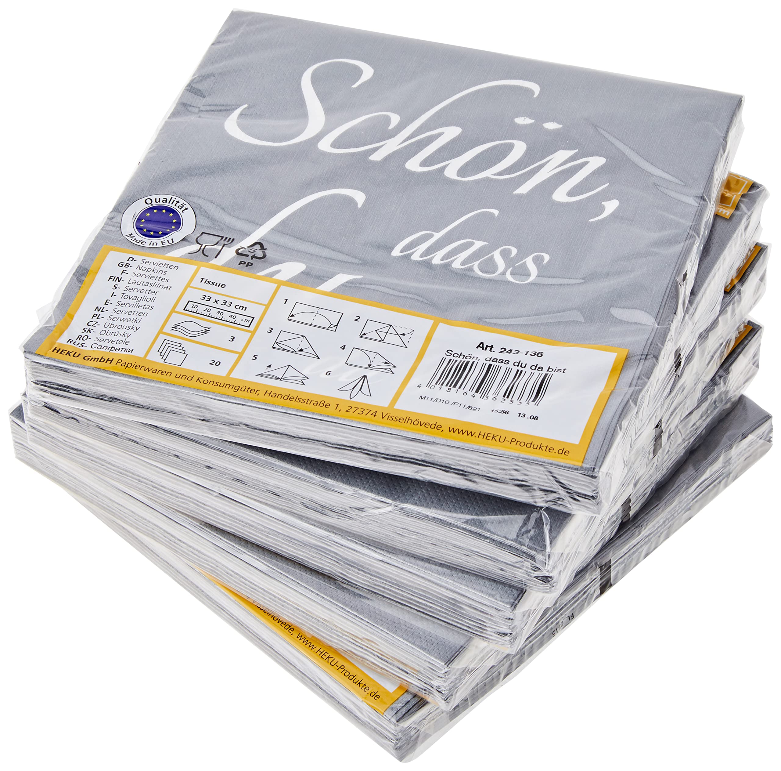 Heku Bio-Servietten 2-lagig – 5 Packungen à 25 Stück, 33x33 Cm, Aus Recycling-Tissue, In Deutschland Hergestellt