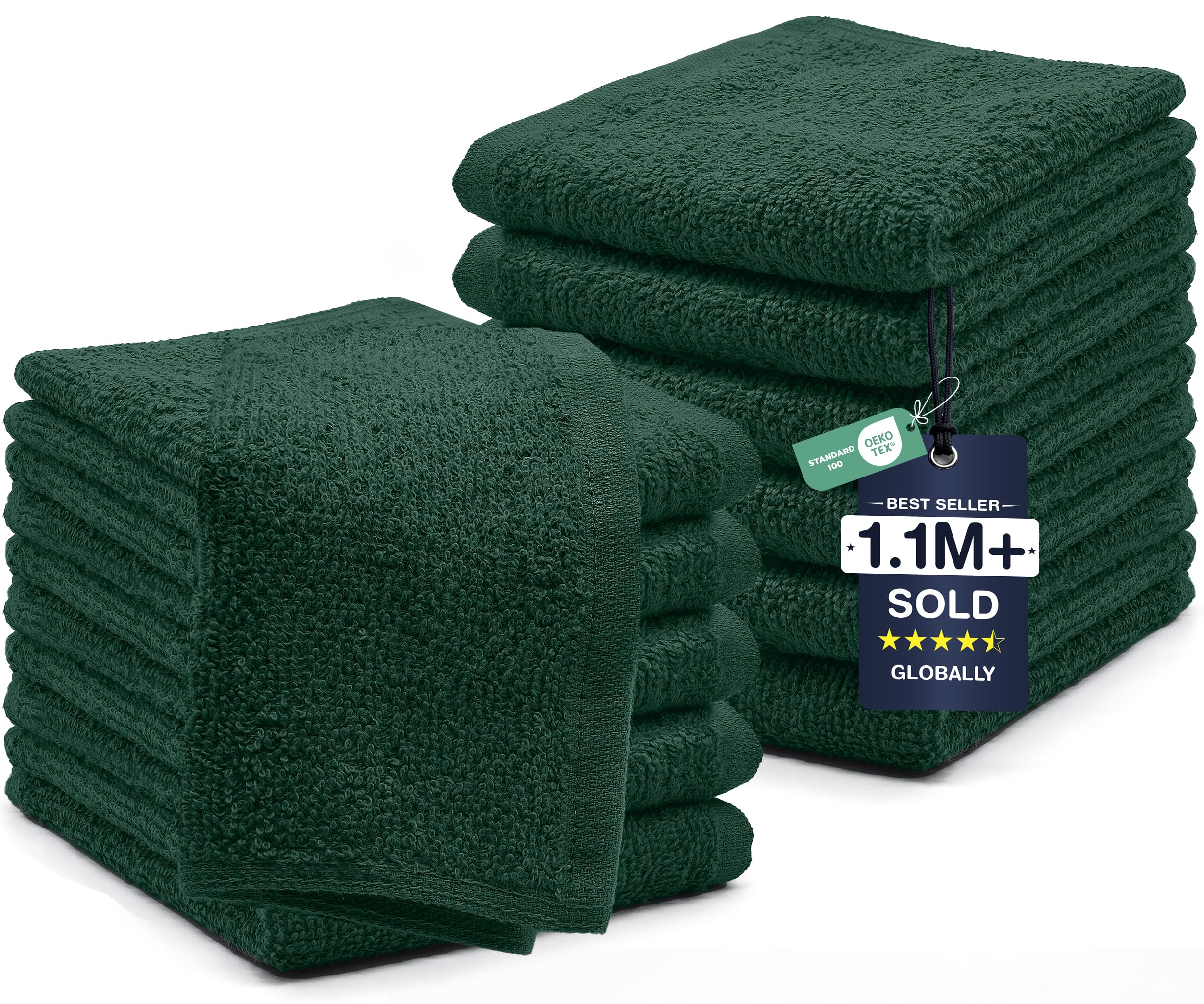 DAN RIVER 12 Pack Cotton Wash Cloths Set for Showering [12x12] Hunter Green