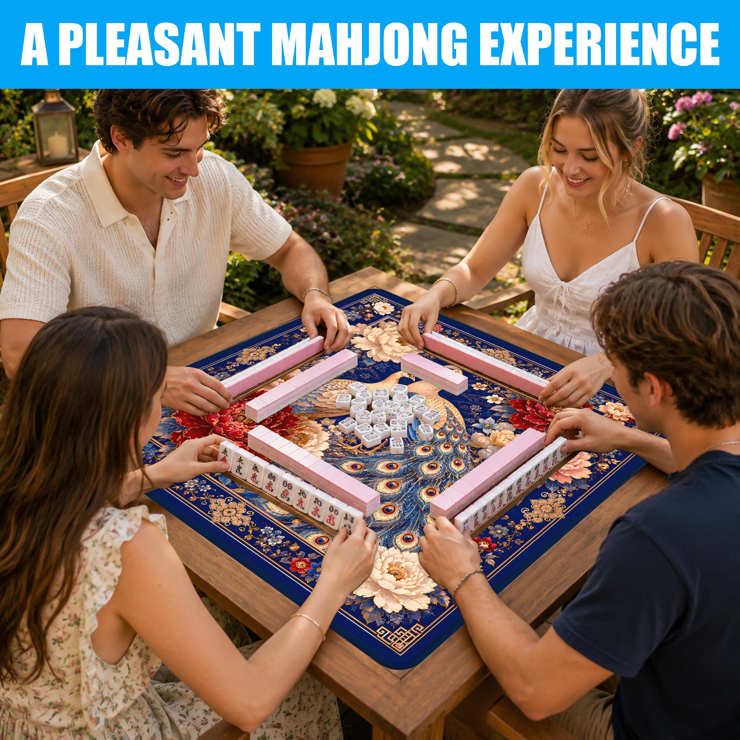 SODAVA Peacok Tapis de Mahjong, Chinoiserie Housse de Table de Jeu de Jardin avec Sac de Transport 80cm x 80cm Caoutchouc Anti-dérapant Réduction du Bruit pour Mahjong, Carte, Dominos, Jeux de Société