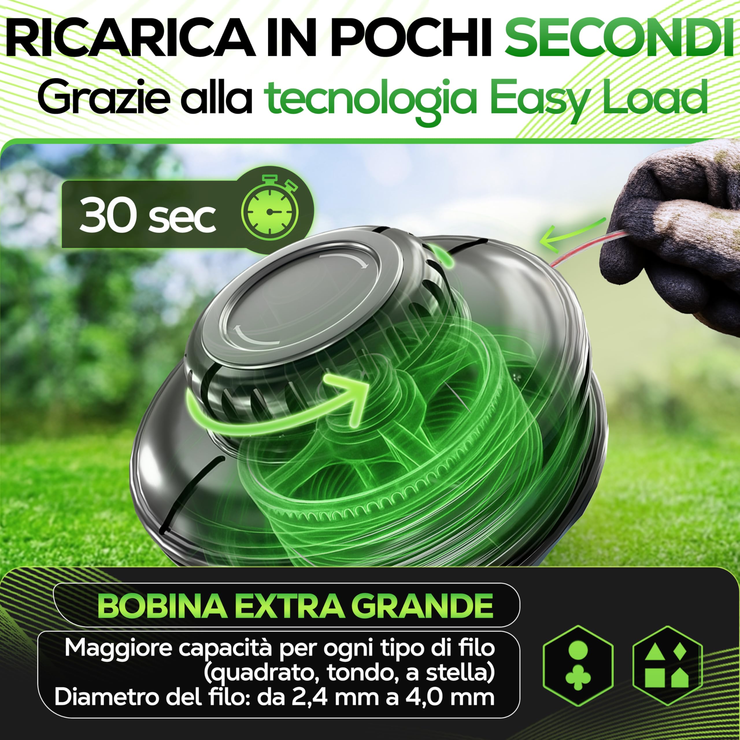 Heckenpracht® Testina falciante per decespugliatore con pomello in acciaio filettatura sinistra | Testina per trimmer con funzione Tap & Go | Taglio efficiente del prato con testina falciante per