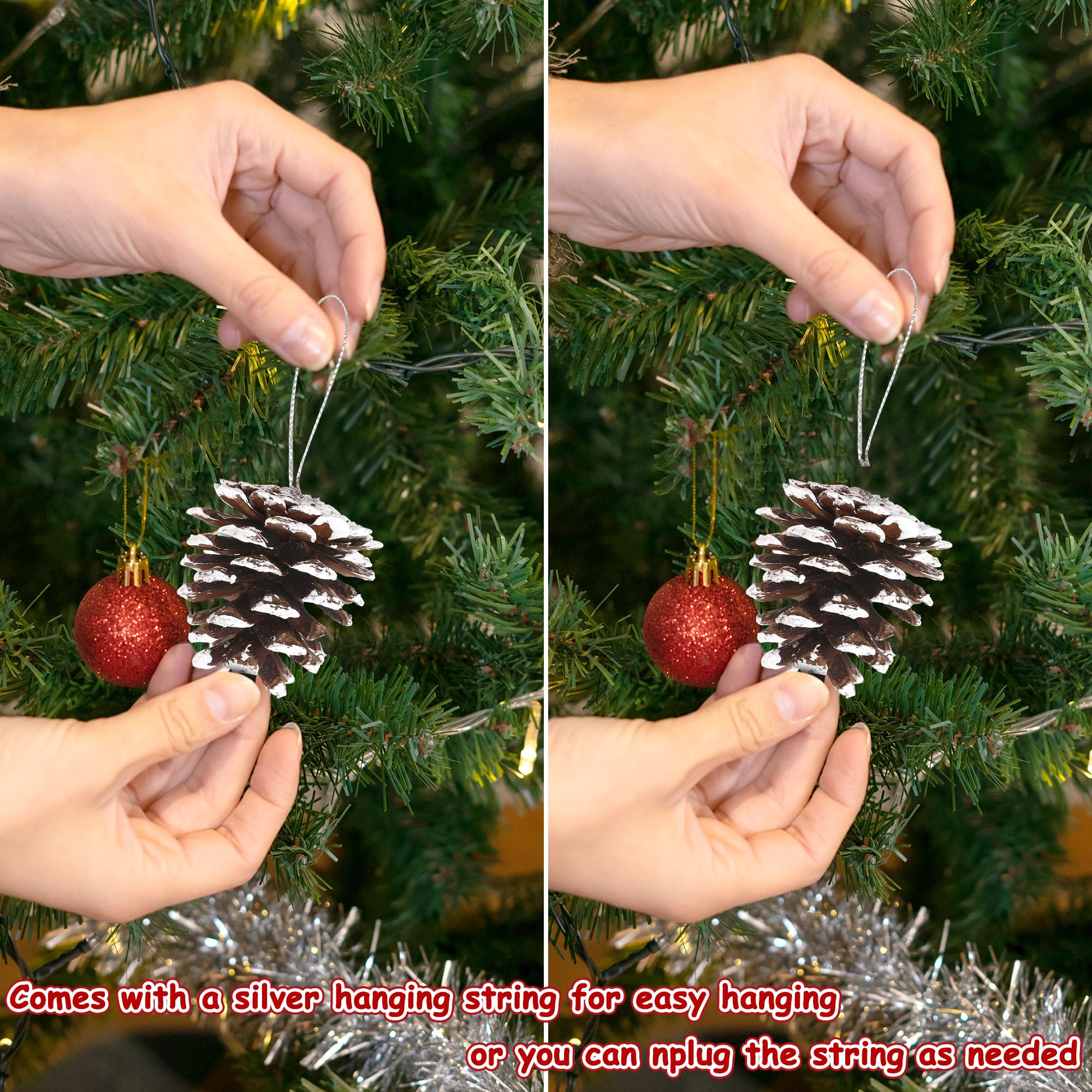 Tannenzapfen, natürliche Tannenzapfen, 5 cm, Tannenzapfen zum Basteln, Tannenzapfen für Weihnachtsbaum, hängende Tannenzapfen, Dekorationen mit silberfarbener Schnur für Weihnachtstischdekorationen,