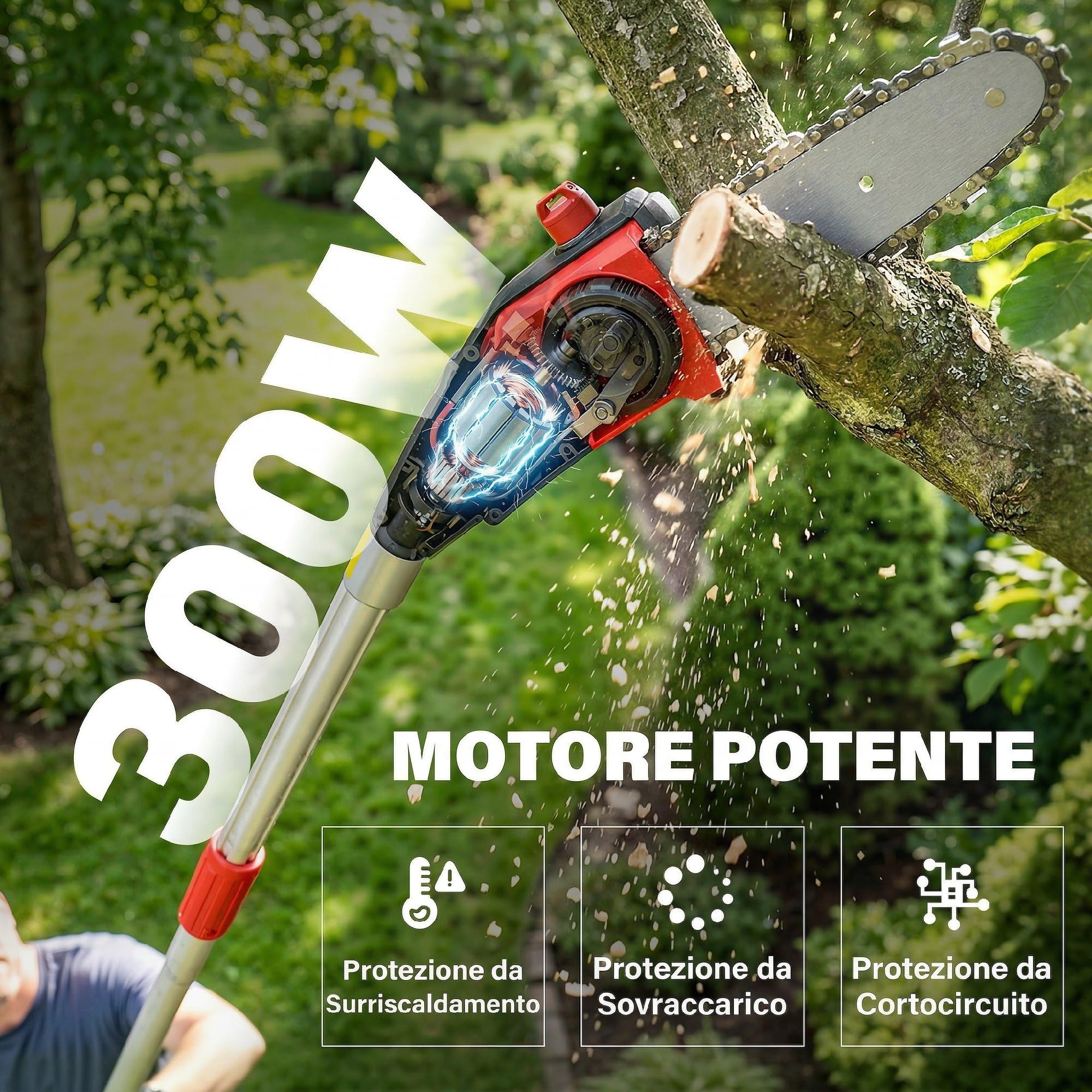 Outsunny Motosega Telescopica a Batteria, Motosega Senza Fili 1.94m/2.56m con Lubrificazione Automatica, Velocità Catena 6m/s, Per Potatura Alberi e Rami, Solo Utensile Senza Batteria
