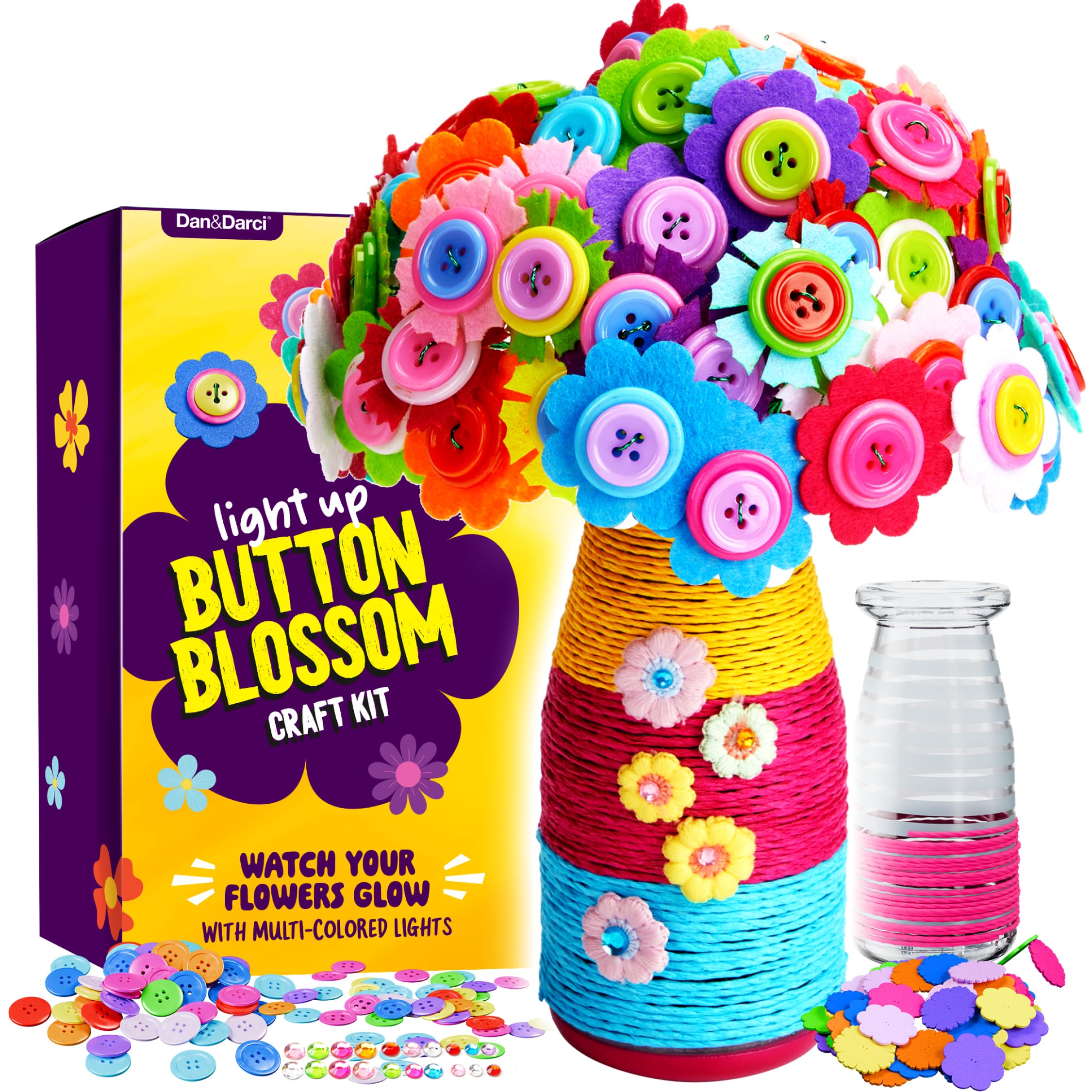 Dan&Darci Light Up Button Flower Craft Kit - Crafts for Kids Ages 4-8 - Activities for Kid Age 6-8 Girls - 5 Year Old Girl Gift - Christmas Birthday Gifts for 5 6 7 8 Years - Toys 7-8 8-10
