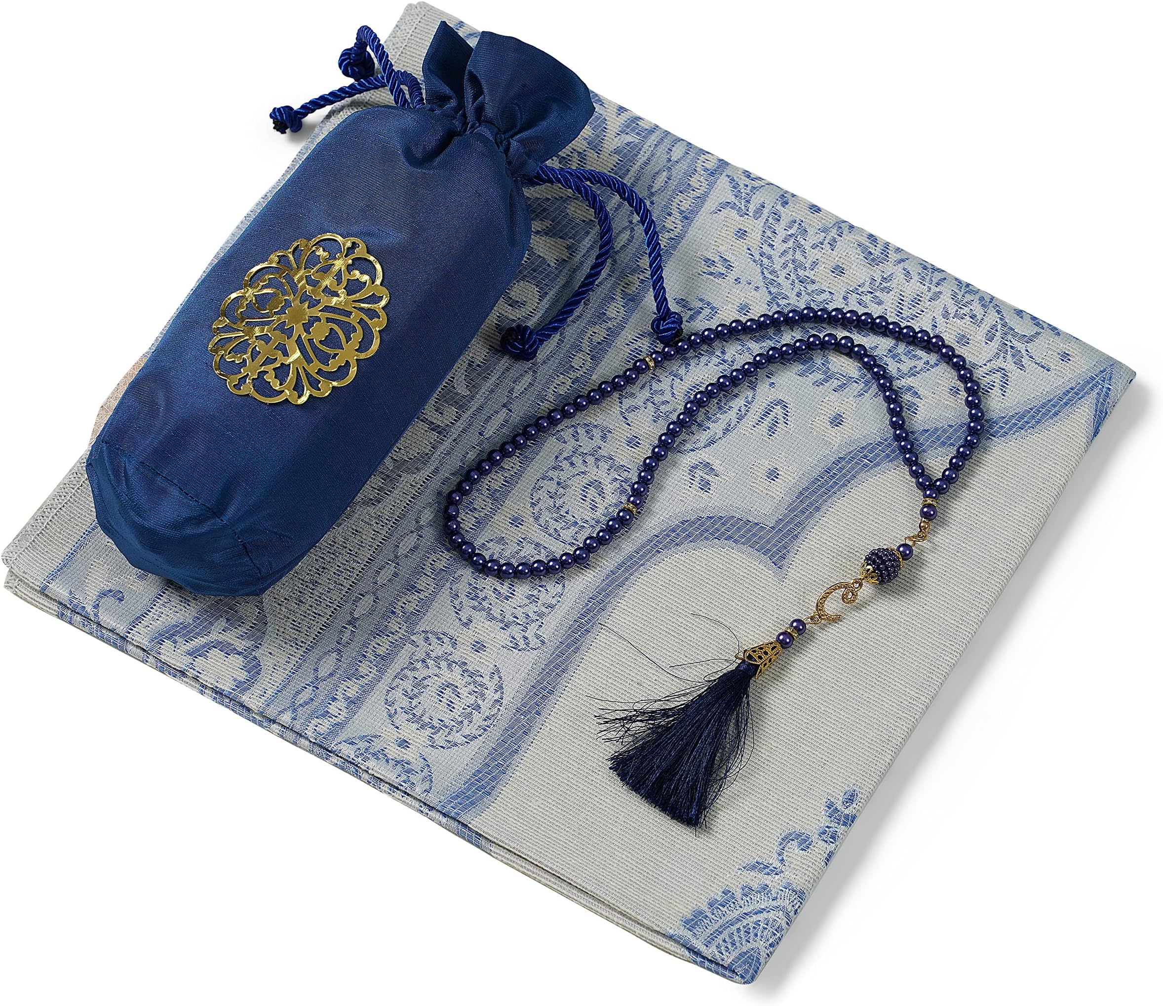 Prayer Rug - Muslim Prayer Rug - Prayer Mat Travel Bag and Prayer Beads - Muslim Gifts for Men, Women and Kids (Navy Blue)