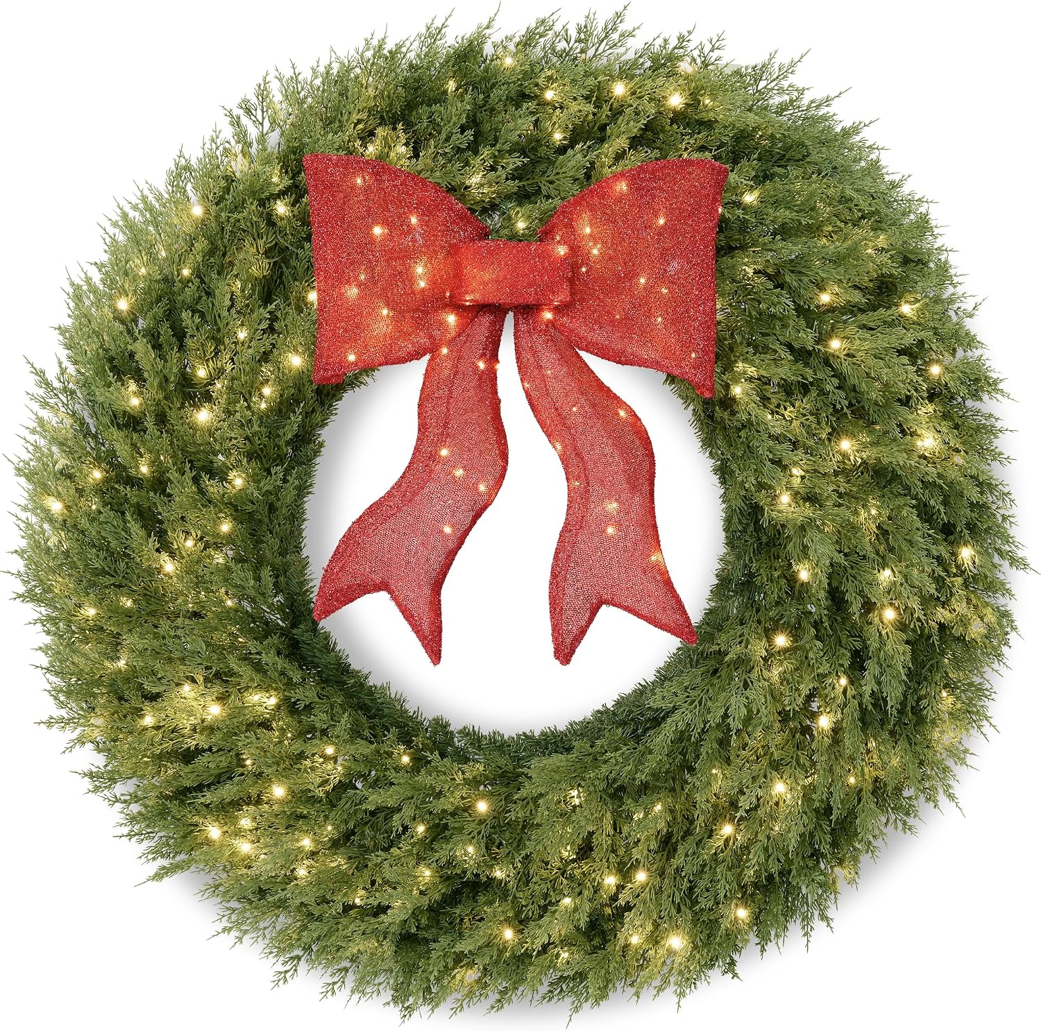 Best Choice Products 24in Artificial Christmas Wreath w/Twinkling LEDs, Large Pre-Lit Cedar Cypress w/Lighted Bow Decoration, XL Holiday Pre-Lit w/White Lights, 70 LED Lights 180 Tips - Green