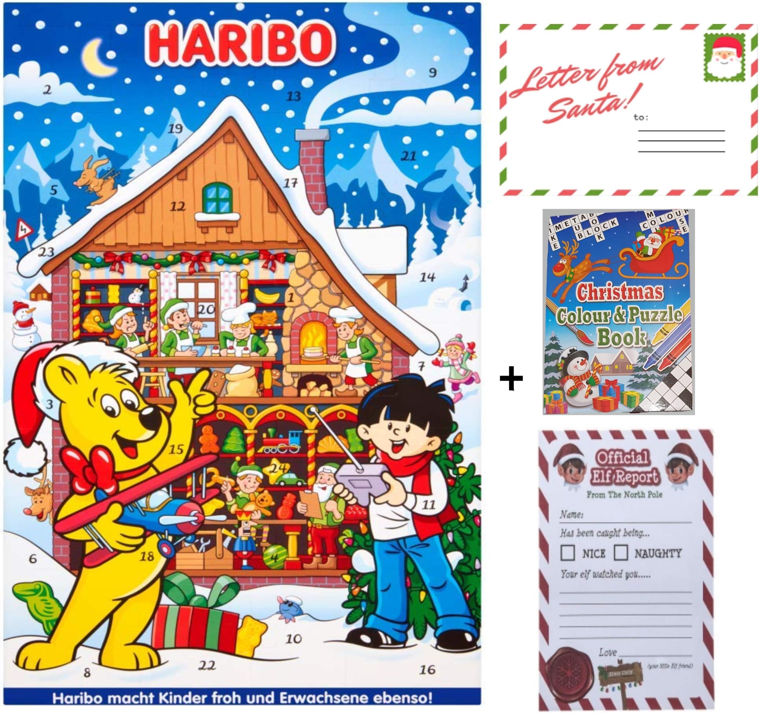 Haribo Advent Calendar 2019 Sweets 300g Hamper with Christmas Colour & Puzzle Activity Book and 25 Official Elf Report