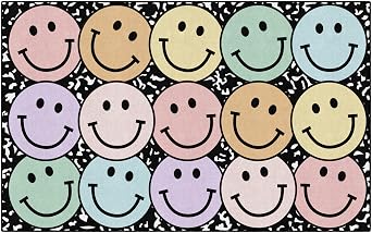 Flagship Carpets Pastel Rainbow Smileys on Notebook Educational Area Rug for Kids Room Seating Decor, Childrens Classroom, Play Carpet for Teaching and Playroom, 76" x 12, Multi