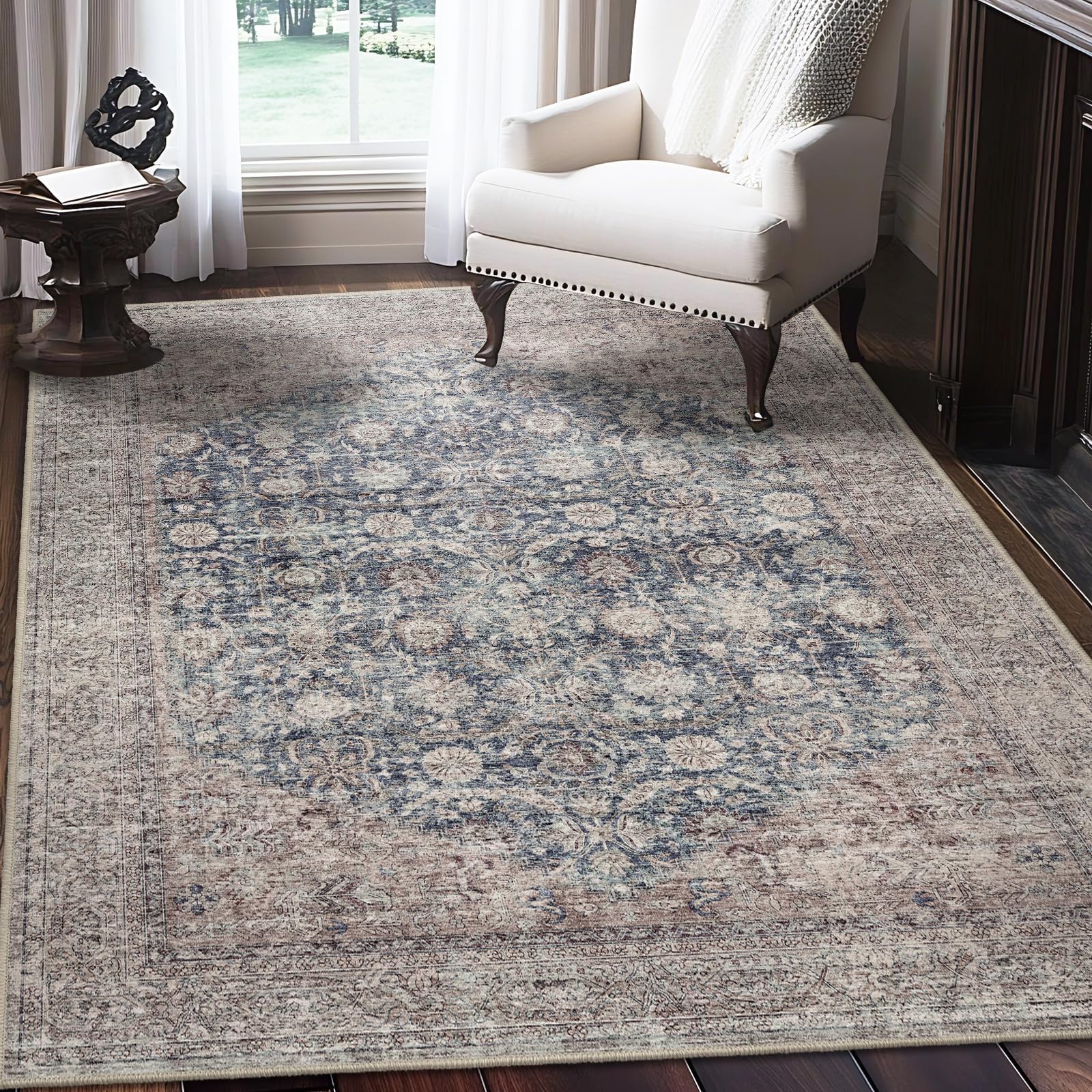 Fortsea Vintage Living Room Rug, 7x9 Area Rug Large Washable Rugs for Bedroom, Soft Dining Room Carpet Non-Slip Non-Shedding Throw Rug for Farmhouse Indoor Kids Playroom (Teal/Antique 7x9)