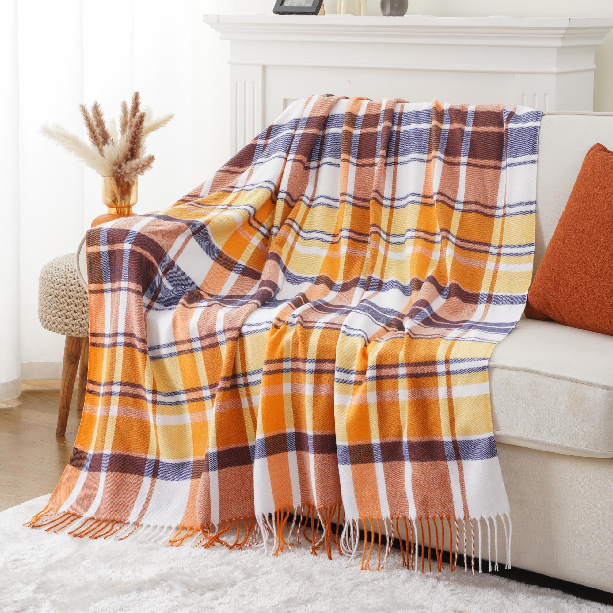 BATTILO HOME Rust Plaid Throw Blanket for Couch Bed Decorative Orange Fall Throw Blankets