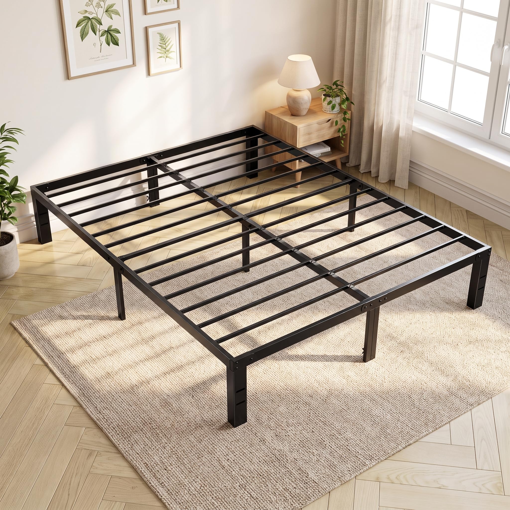 OLIXIS Queen Metal Platform Bed Frame - 14in High Heavy Duty Mattress Foundation with Storage Space, No Box Spring Needed, Sturdy Steel Slat Support, Easy Assembly, Black