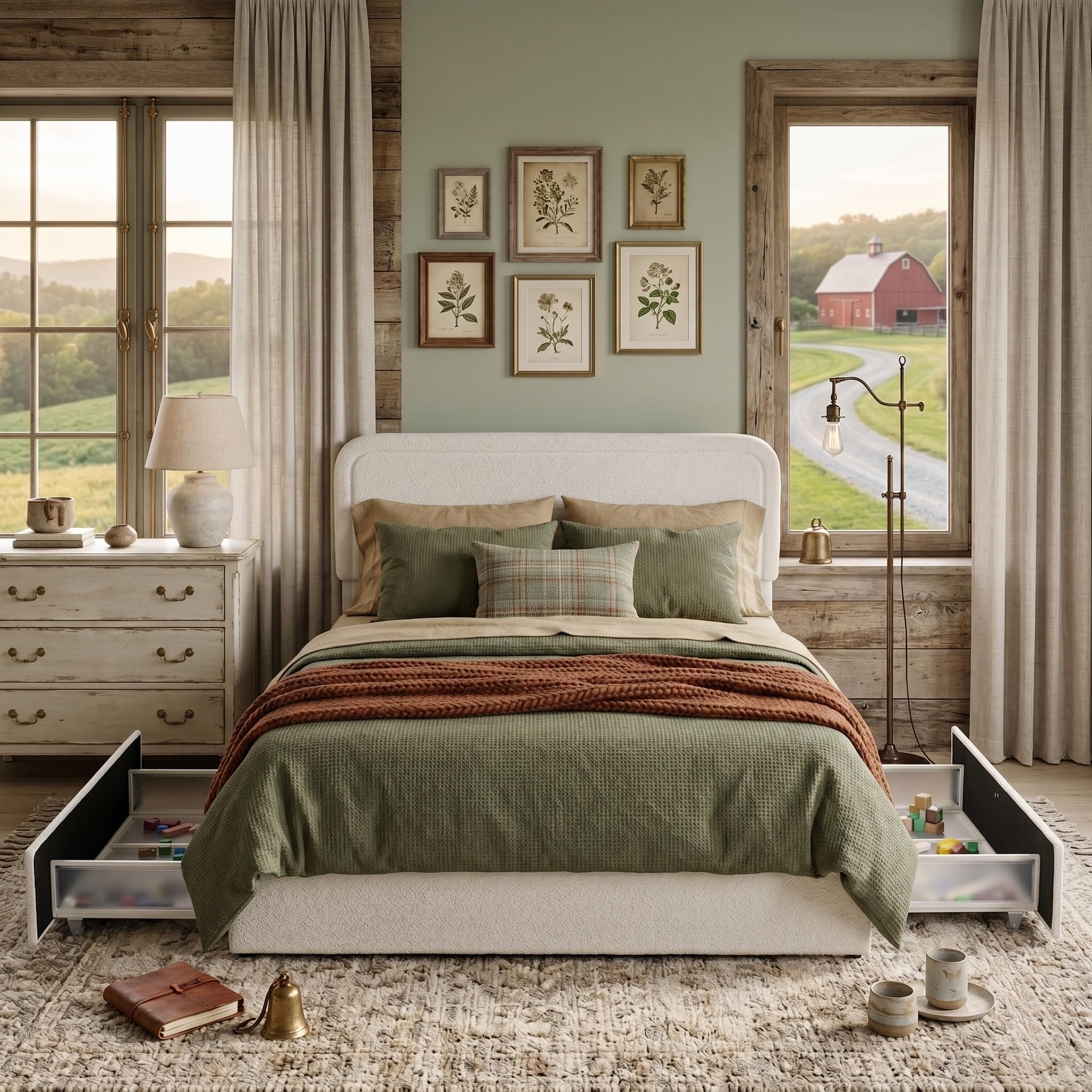 Queen Size Boucle Upholstered Storage Bed Frame with 2 Flexible Drawers - Modern Wingback Adjustable Headboard, Quiet Platform Bed, No Box Spring Needed, Ivory White