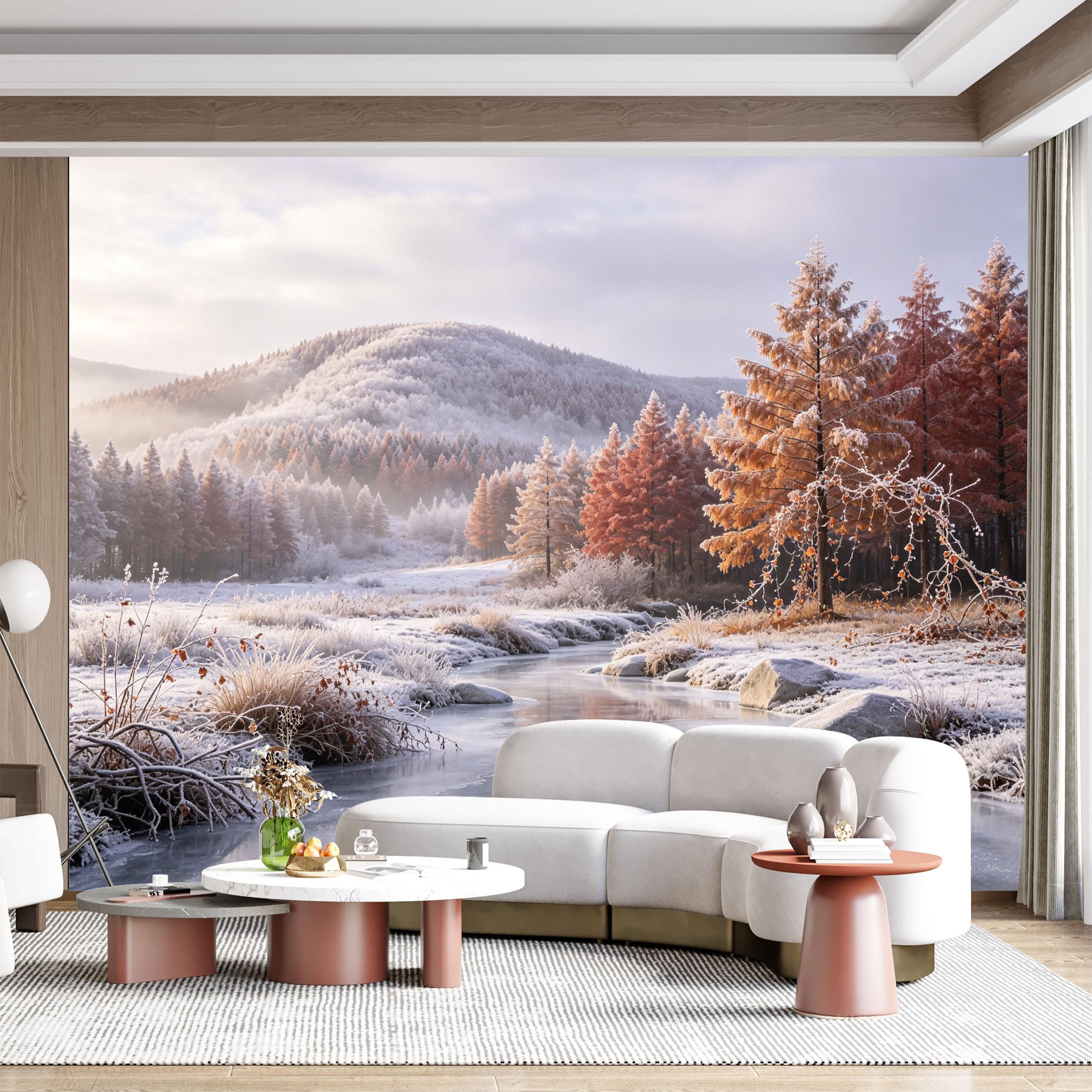 Custom Size Wall Mural Winter Landscape Frosty Forest Frozen River Ice Reflection Panoramic Seascape SelfAdhesive Wall Fabric Removable for Home Office Decor