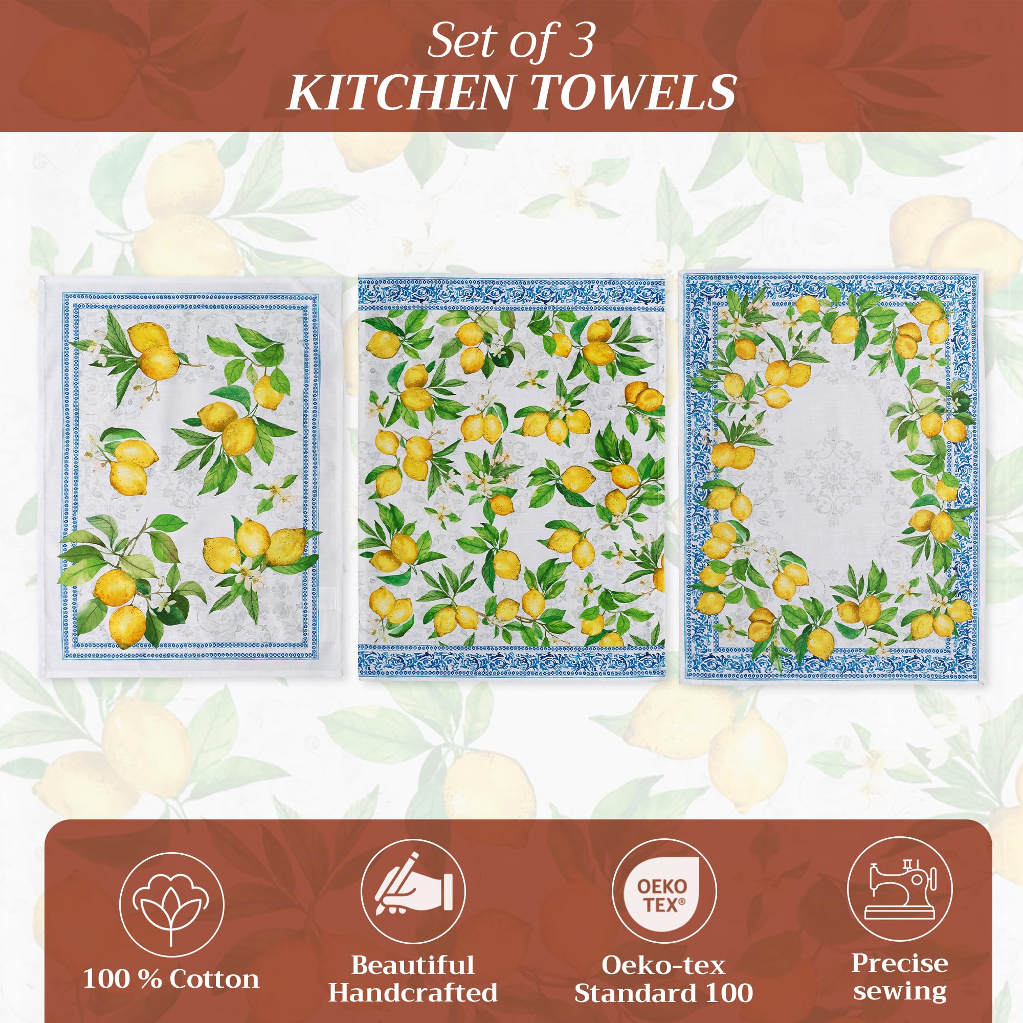 Maison d'Hermine Küchenhandtücher, 3er-Set, 100% Baumwolle, 70 x 50 cm, wiederverwendbar, saugfähig, mit Aufhängeschlaufe, ideal für Küche und Esszimmer,Frühjahr Sommer - Cedrat