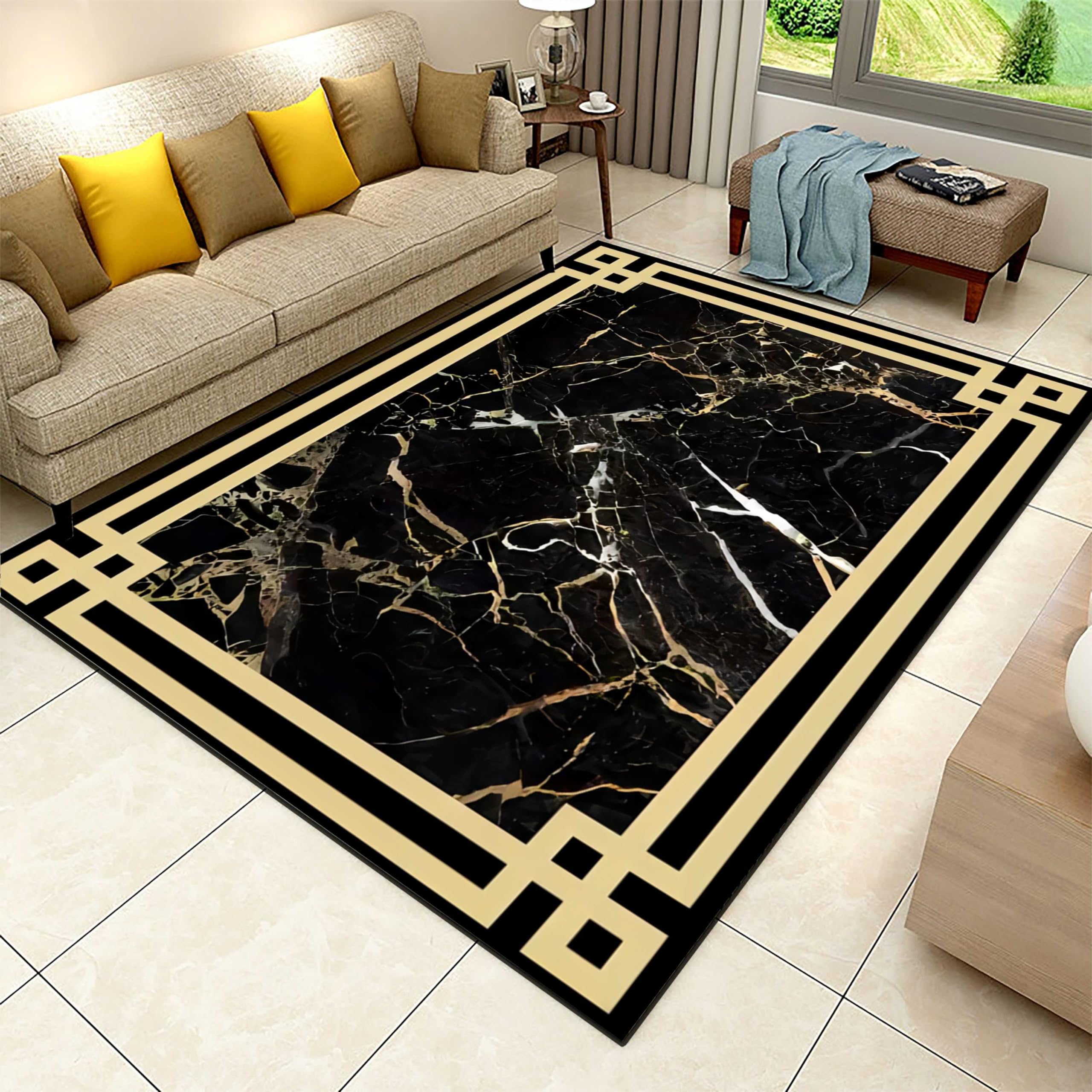 LHOMKCV Luxury Marble Area Rug, 4x5ft, Modern Black Marble Gold Border Design Rugs, Vintage Classic Geometric Decorative Rug, Machine Washable Non