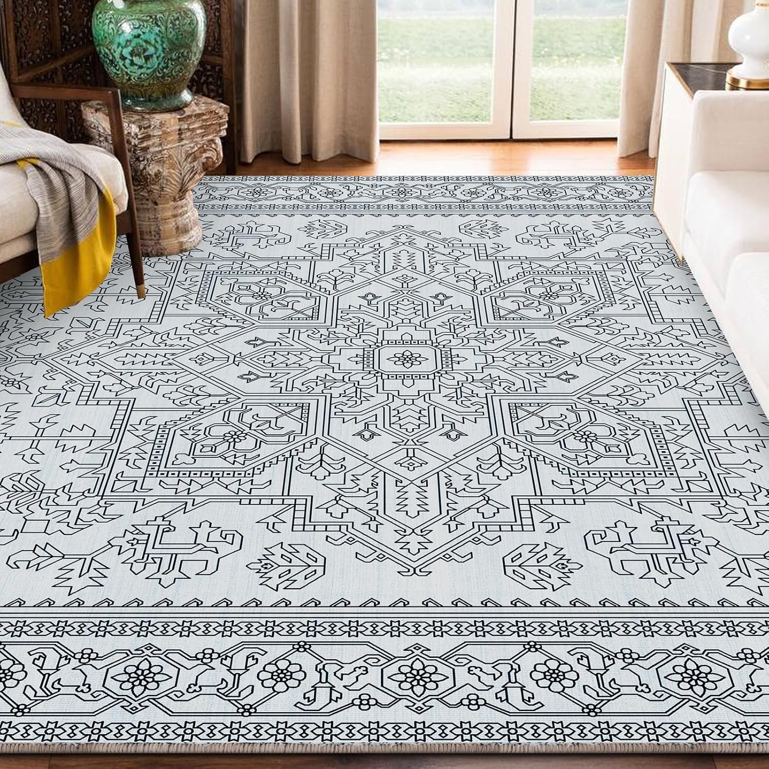 Area Rugs 9x12 Living Room Rug Non-Slip and Non Shedding, Boho Black and White Washable Rug Ultra Soft for Bedroom Dining Room Home Office