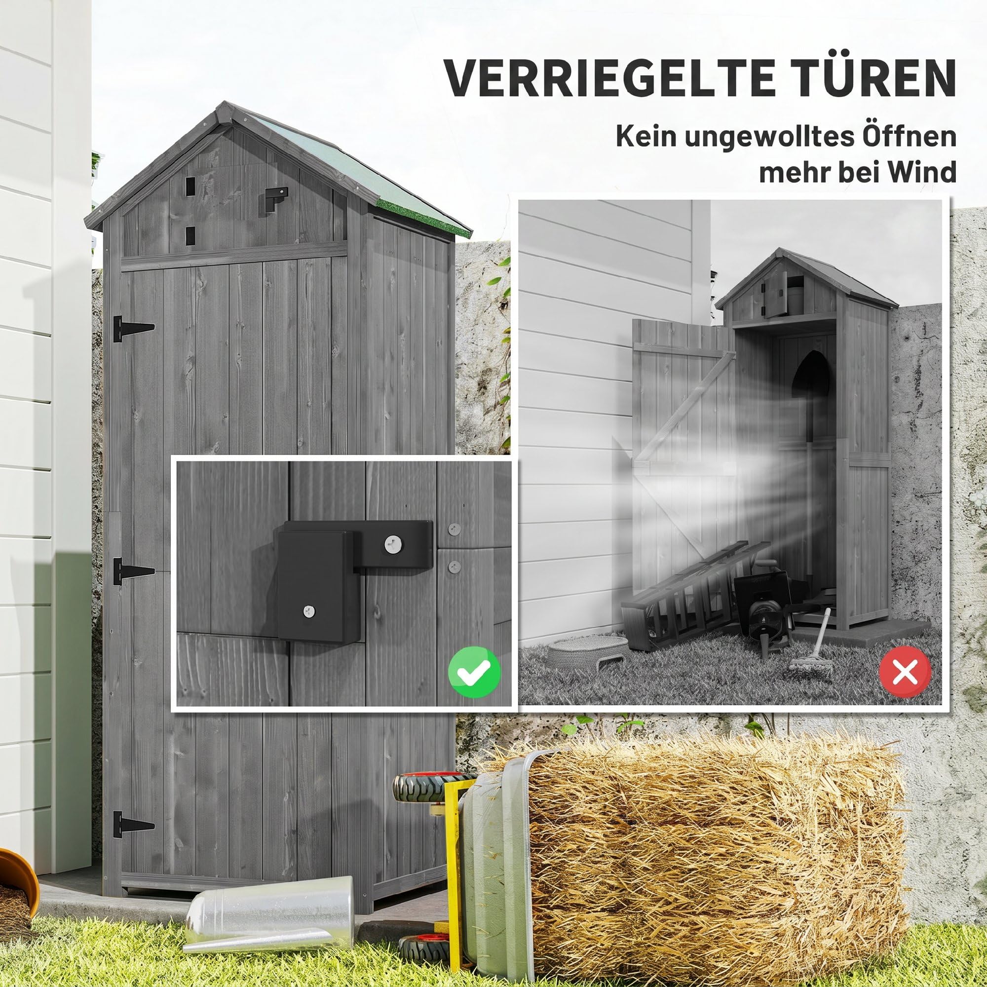 Outsunny Gartenschrank Holz, Geräteschuppen wetterfest 77x54,2x179cm, Gerätehaus mit Tür, Satteldach, Geräteschrank mit Böden, Werkzeugschrank Gartenschuppen für Garten, Terrasse, Grau+Grün