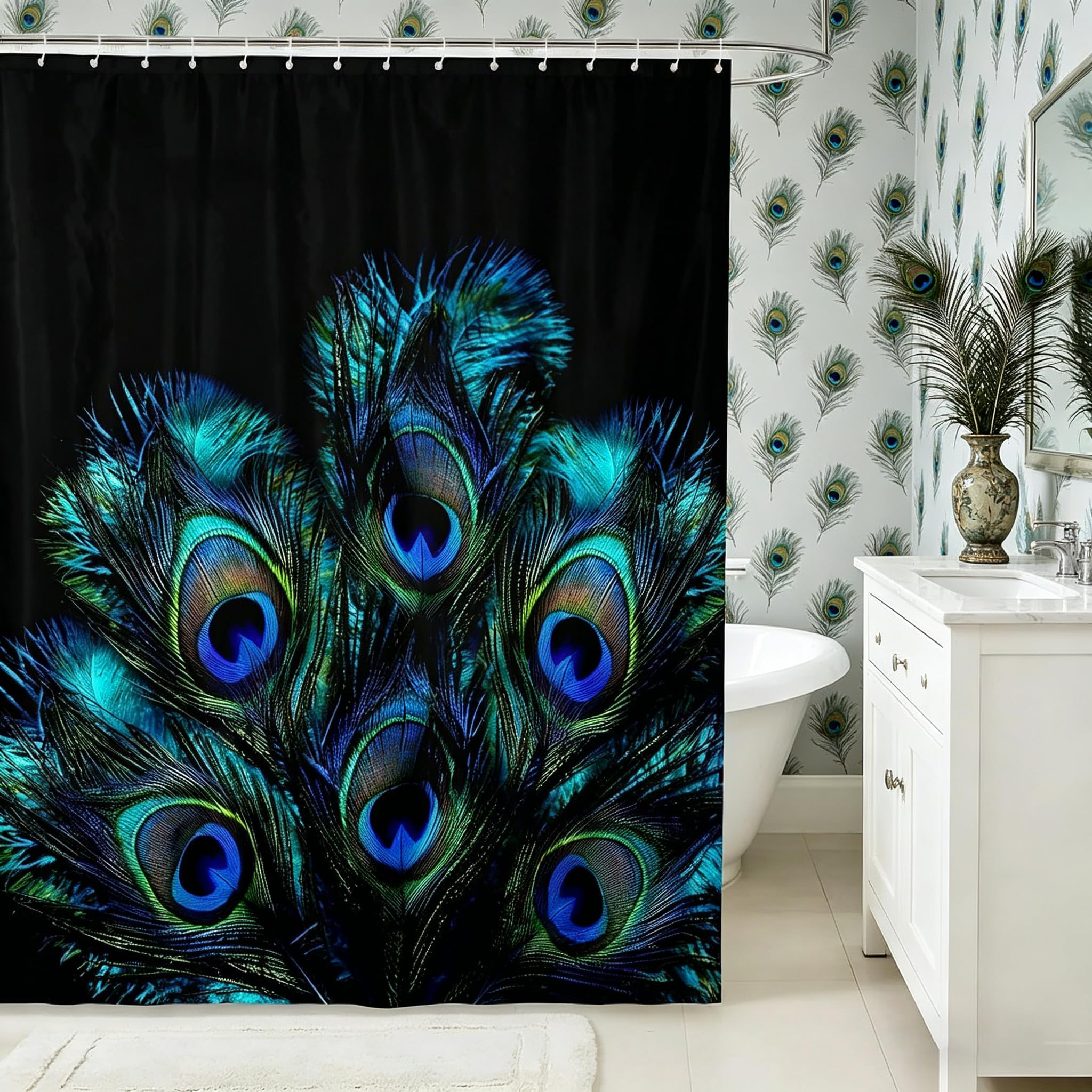 Rideau de douche imperméable Manfei à motif plumes bleues