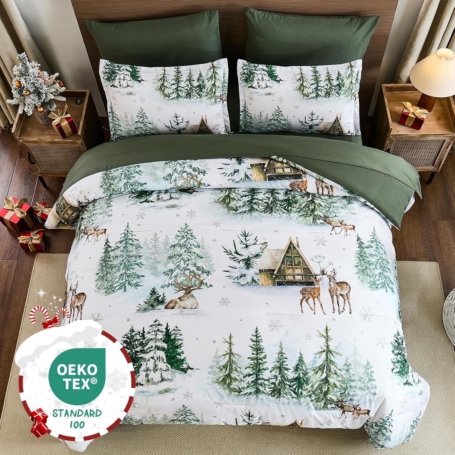 Dinjoy Christmas Green Comforter Set King Size, 7 Piece Holiday Bedding Set Reindeer Cabin Snowforest Snowflake Print Xmas Theme Bed in a Bag Festive Decor for Fall Winter